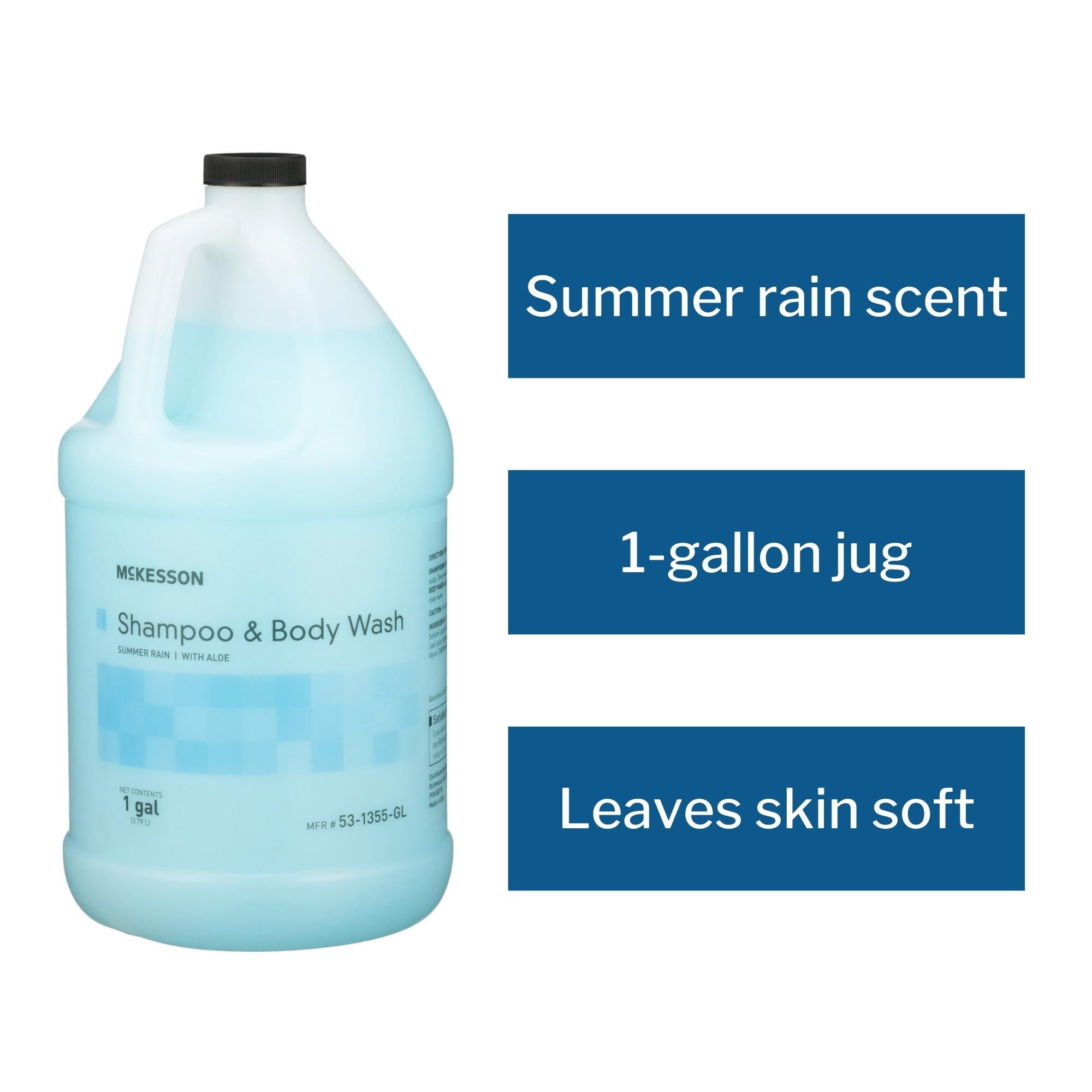 Champú y gel de baño McKesson, garrafa de 1 galón, aroma a lluvia de verano. Tipo de envase: caja.