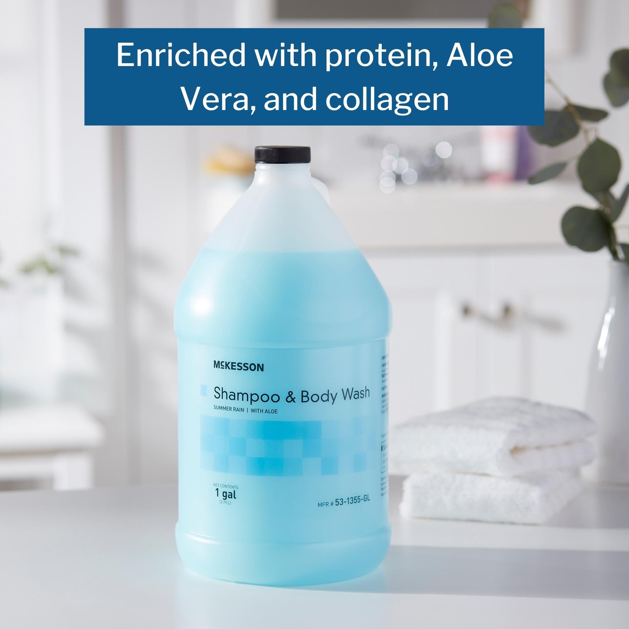 Champú y gel de baño McKesson, garrafa de 1 galón, aroma a lluvia de verano. Tipo de envase: caja.