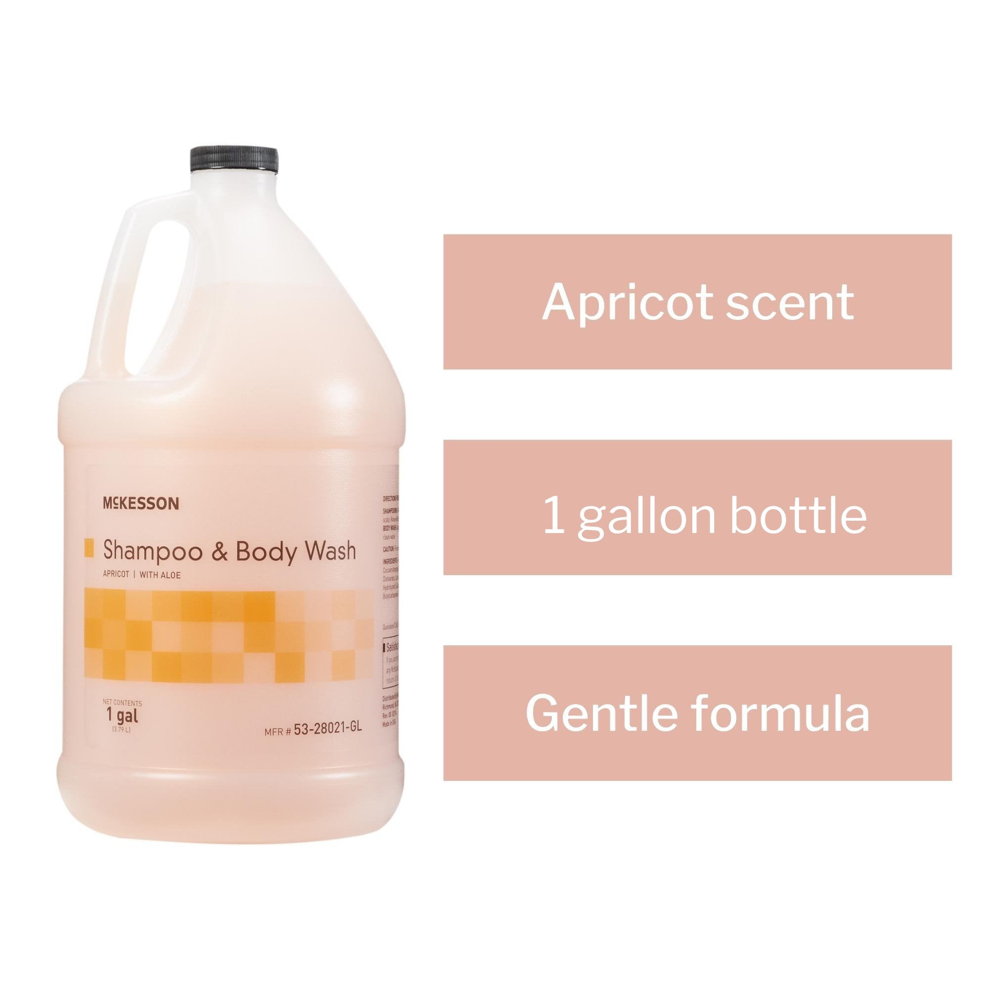 Champú y gel de baño McKesson, garrafa de 1 galón, aroma a albaricoque. Tipo de envase: caja.
