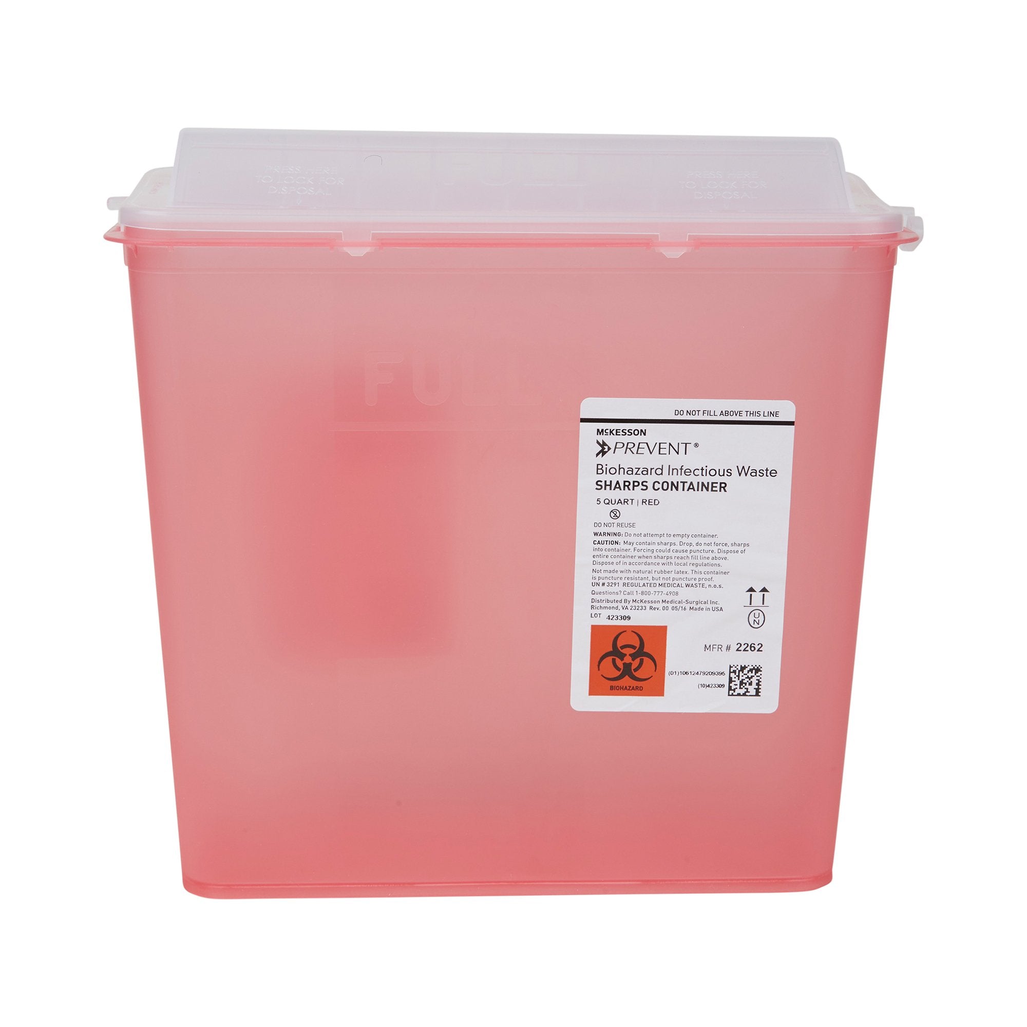 Sharps Container McKesson Prevent Translucent Red Base 10-3/4 H X 10-1/2 W X 4-3/4 D Inch Horizontal Entry 1.25 Gallon, Packaging Type- Case