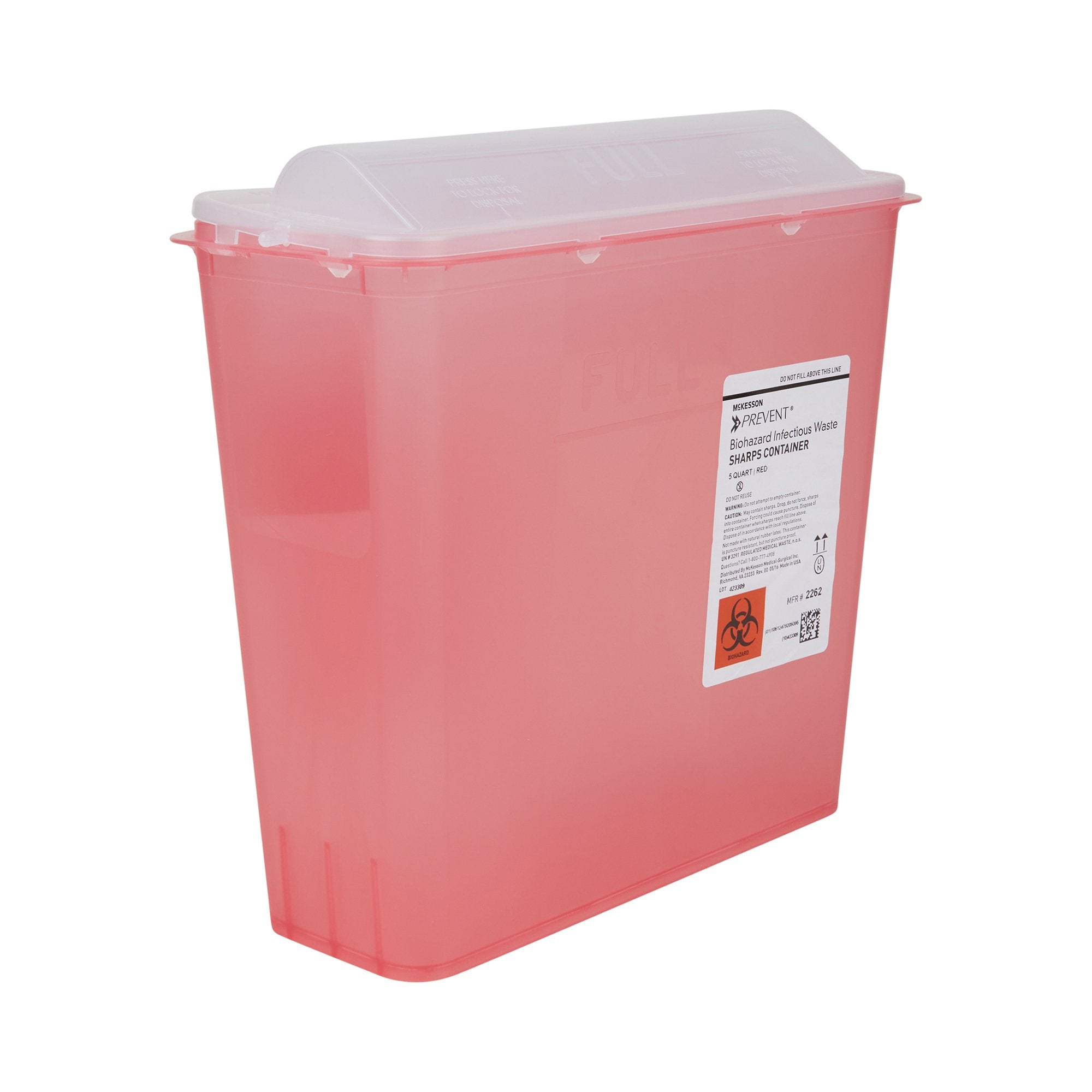 Sharps Container McKesson Prevent Translucent Red Base 10-3/4 H X 10-1/2 W X 4-3/4 D Inch Horizontal Entry 1.25 Gallon, Packaging Type- Case