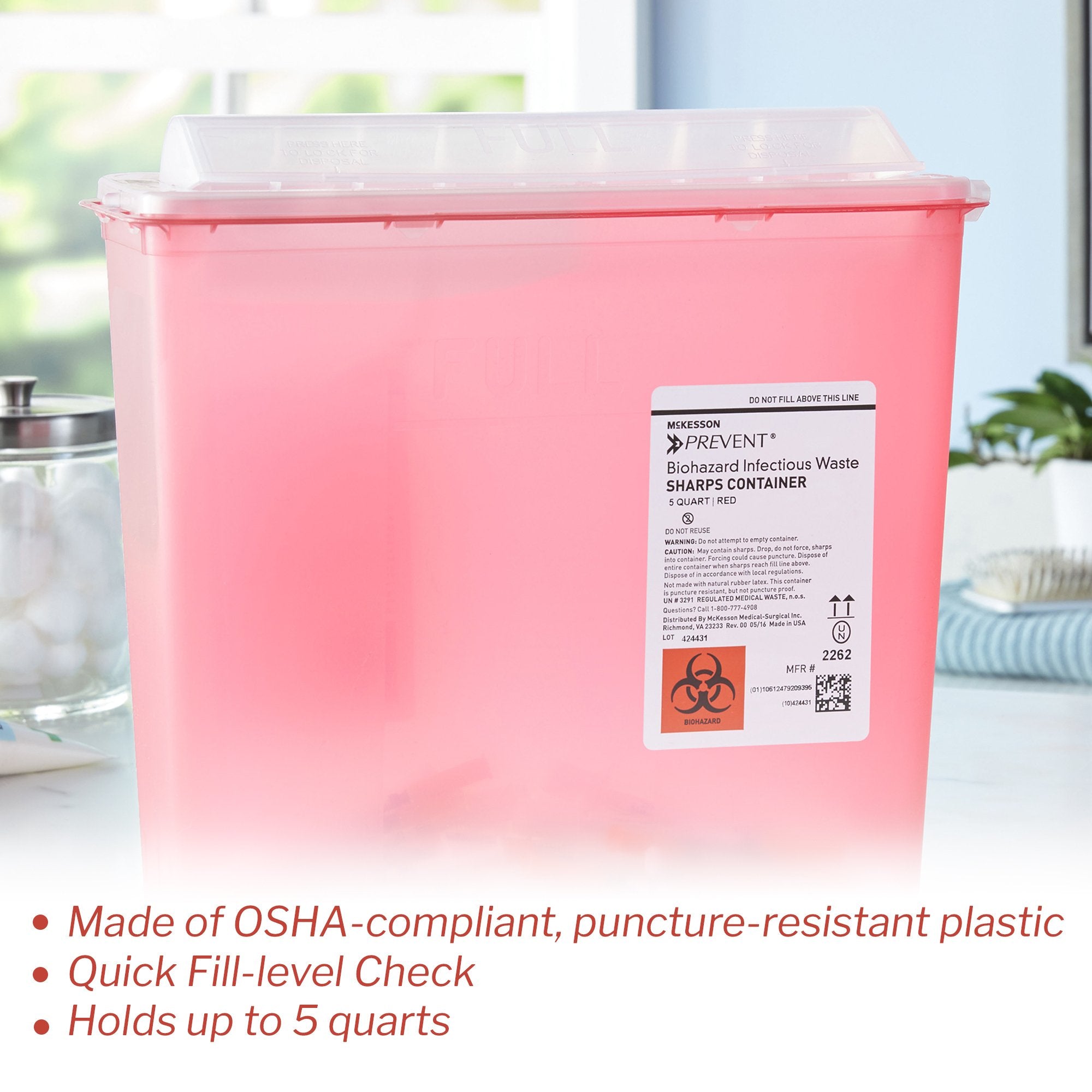 Sharps Container McKesson Prevent Translucent Red Base 10-3/4 H X 10-1/2 W X 4-3/4 D Inch Horizontal Entry 1.25 Gallon, Packaging Type - Box