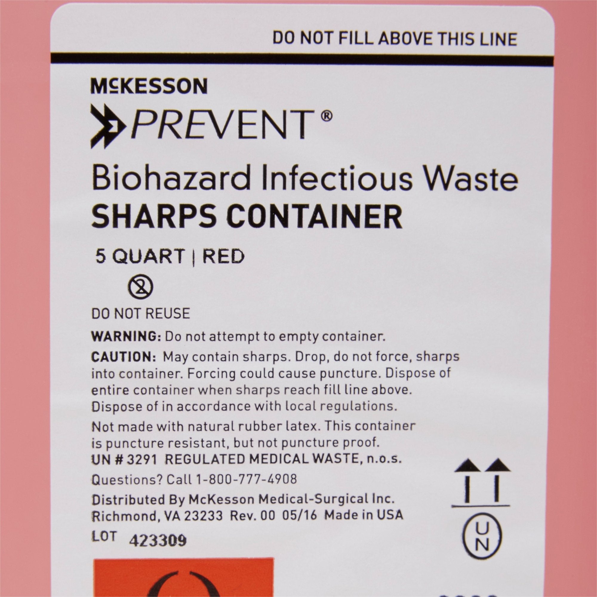 Sharps Container McKesson Prevent Translucent Red Base 10-3/4 H X 10-1/2 W X 4-3/4 D Inch Horizontal Entry 1.25 Gallon, Packaging Type - Box