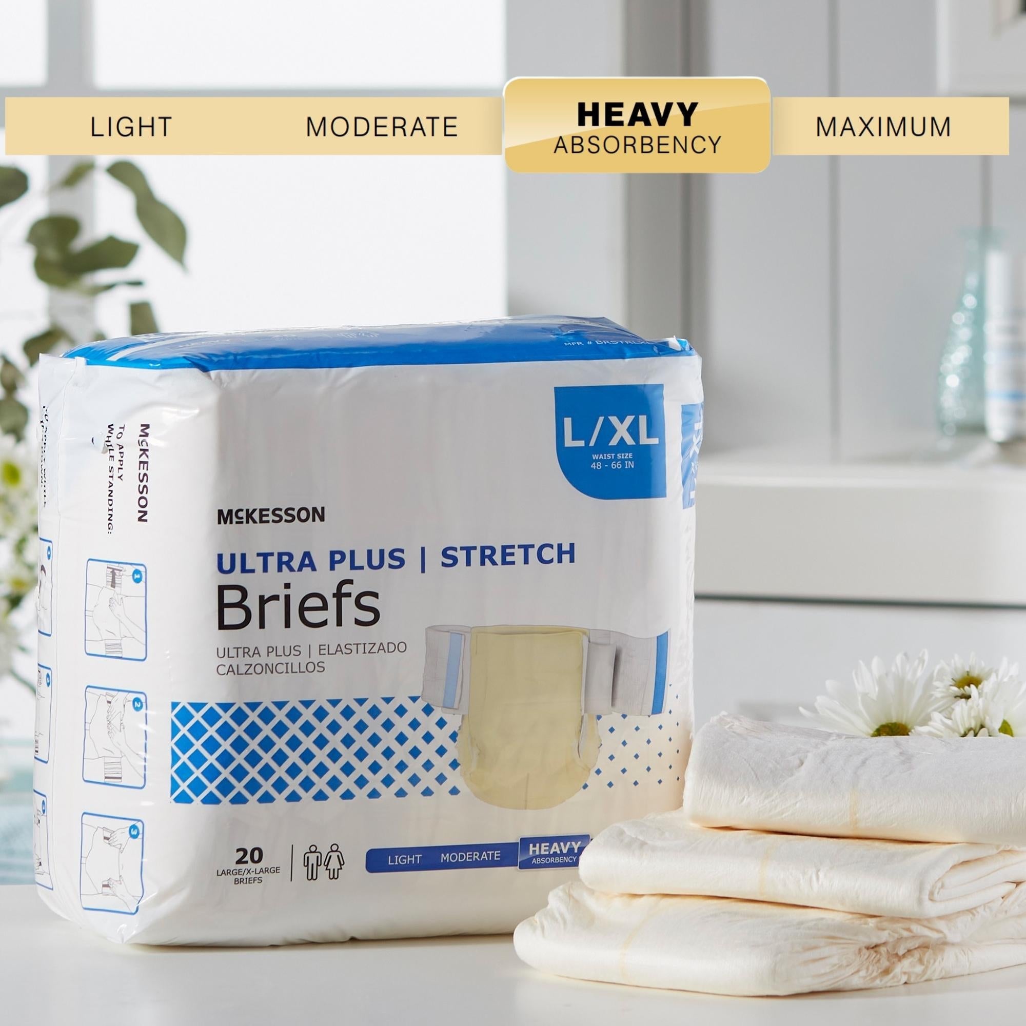 Unisex Adult Incontinence Brief McKesson Ultra Plus Stretch Large / X-Large Disposable Heavy Absorbency, Packaging Type- Case