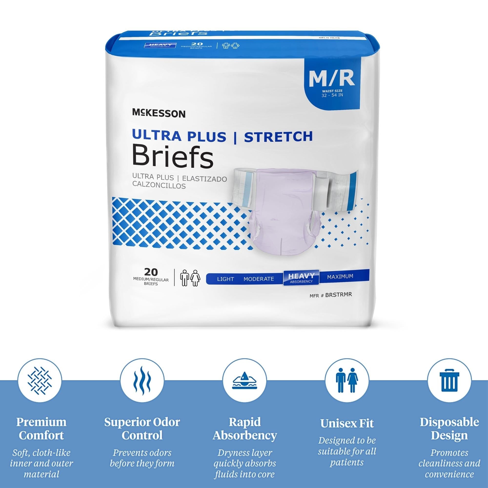 Unisex Adult Incontinence Brief McKesson Ultra Plus Stretch Medium Disposable Heavy Absorbency, Packaging Type- Case