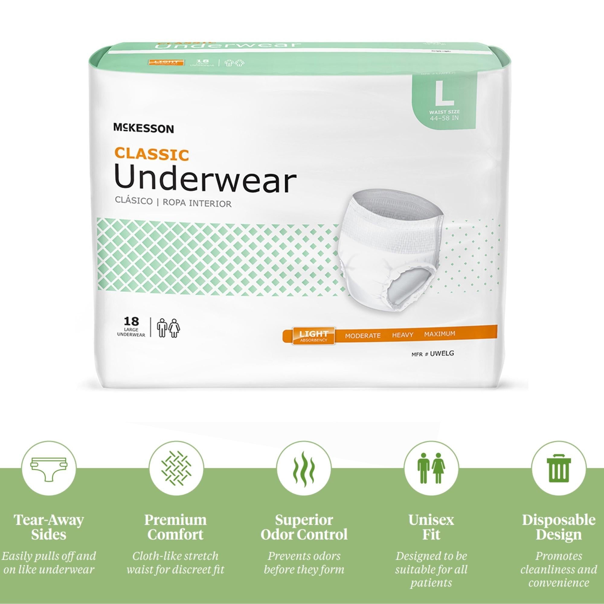 Unisex Adult Absorbent Underwear McKesson Classic Pull On with Tear Away Seams Large Disposable Light Absorbency, Packaging Type- Case