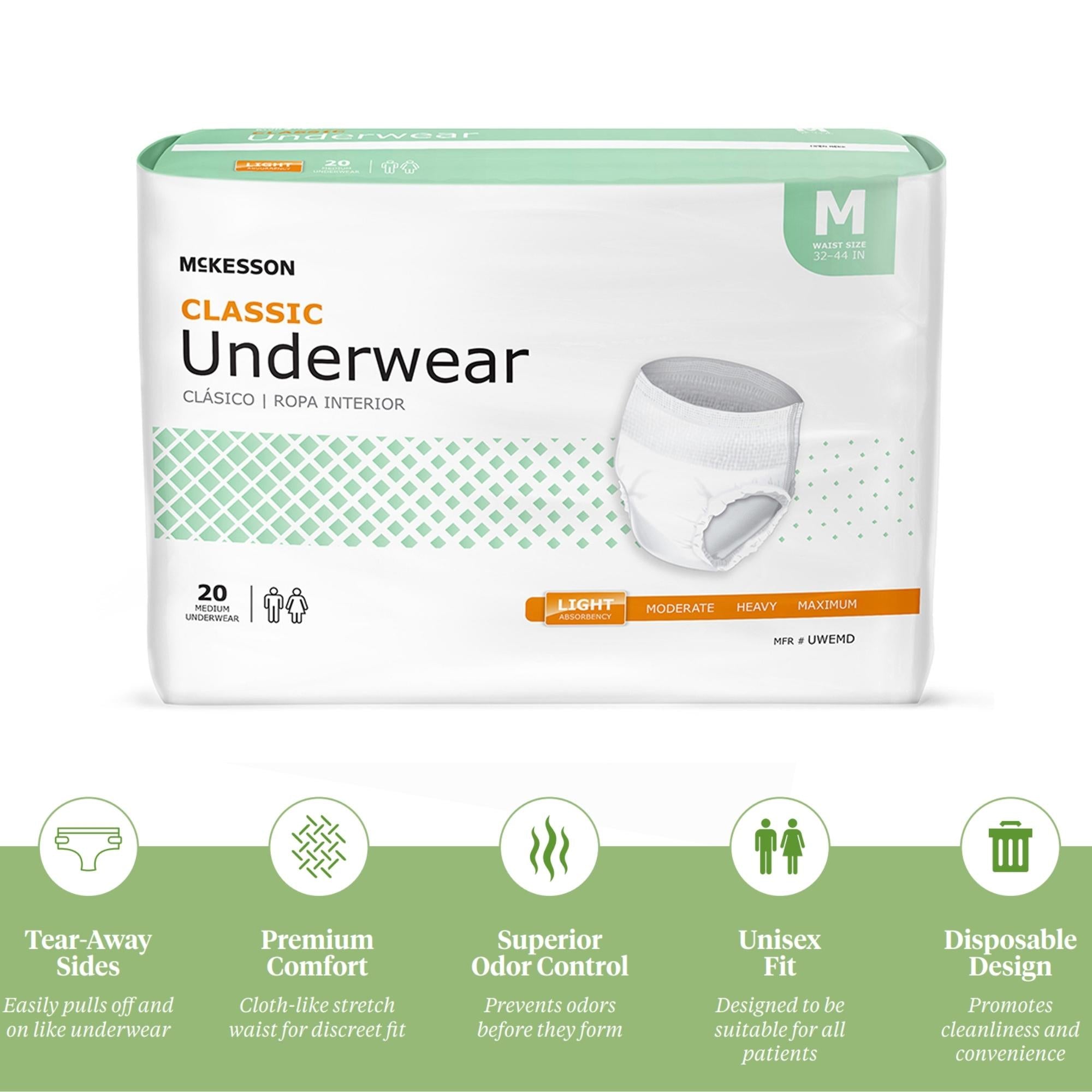 Unisex Adult Absorbent Underwear McKesson Classic Pull On with Tear Away Seams Medium Disposable Light Absorbency, Packaging Type- Case