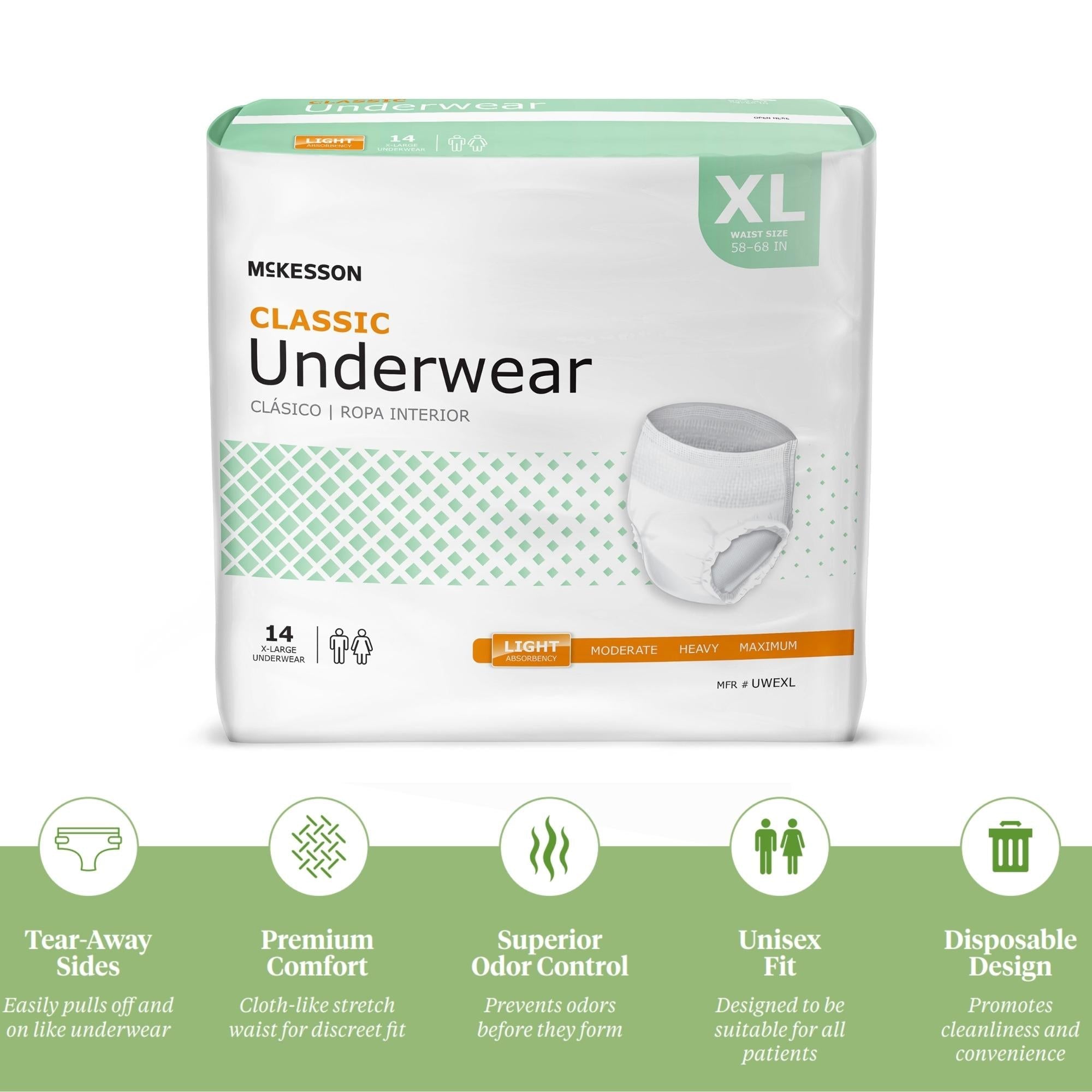 Unisex Adult Absorbent Underwear McKesson Classic Pull On with Tear Away Seams X-Large Disposable Light Absorbency, Packaging Type- Case