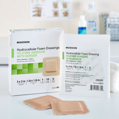 Foam Dressing McKesson 3 X 3 Inch With Border Film Backing Silicone Gel Adhesive Square Sterile,Packaging Type- Box