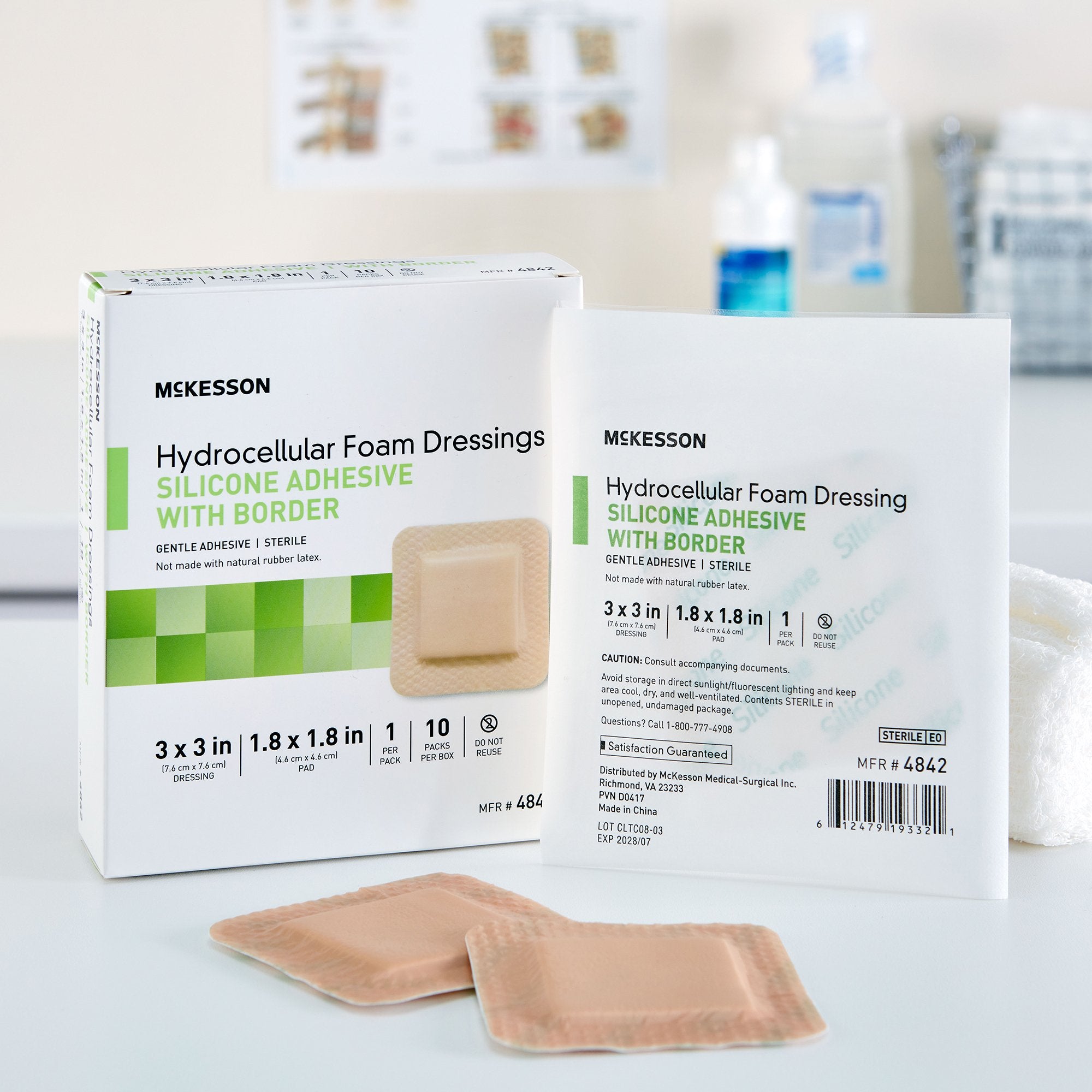 Foam Dressing McKesson 3 X 3 Inch With Border Film Backing Silicone Gel Adhesive Square Sterile,  Packaging Type- Case