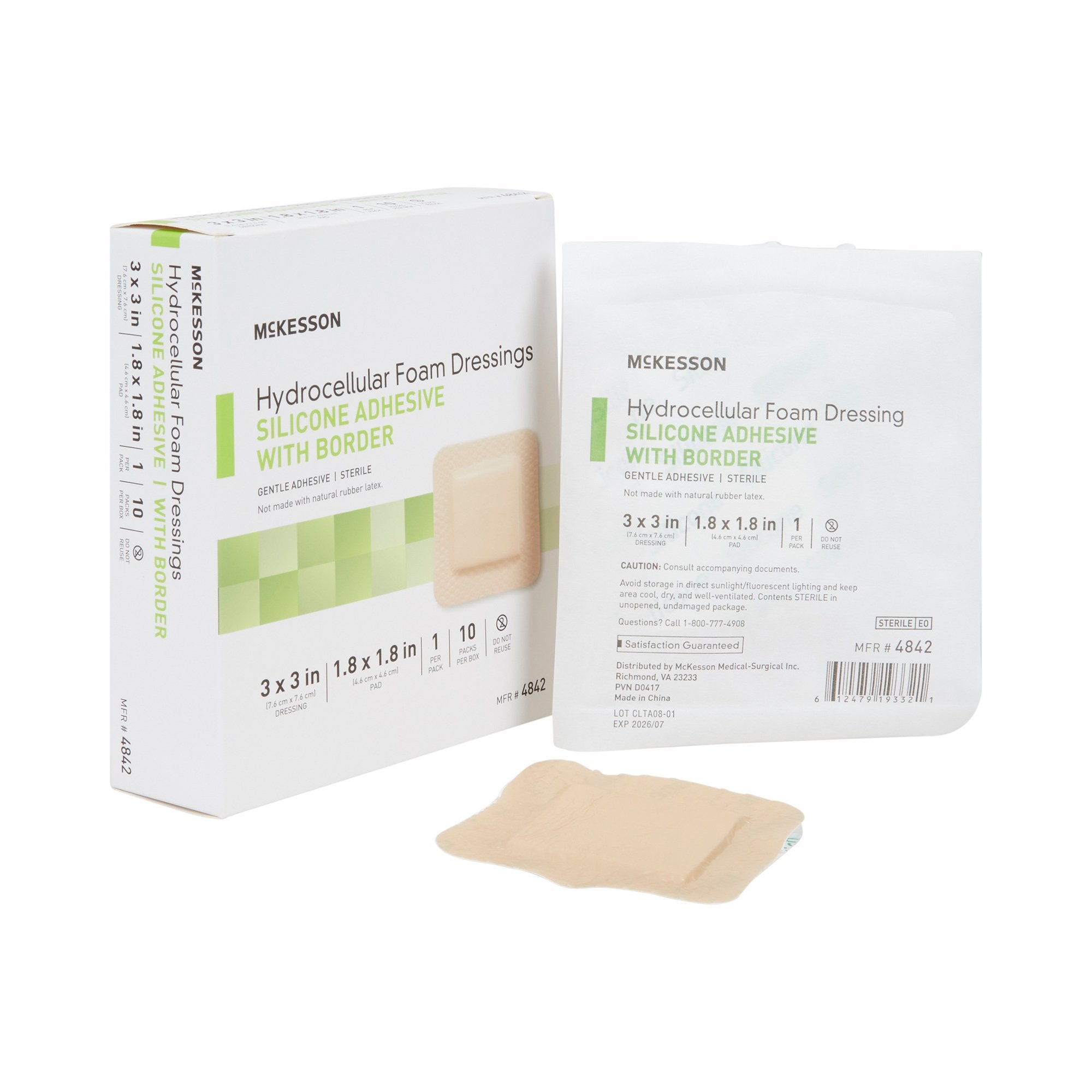 Foam Dressing McKesson 3 X 3 Inch With Border Film Backing Silicone Gel Adhesive Square Sterile,  Packaging Type- Case