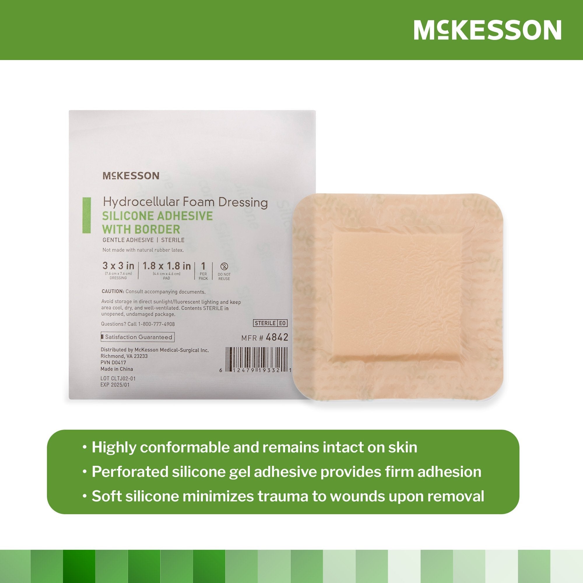 Foam Dressing McKesson 3 X 3 Inch With Border Film Backing Silicone Gel Adhesive Square Sterile,  Packaging Type- Case