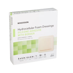 Foam Dressing McKesson 6 X 6 Inch With Border Film Backing Silicone Gel Adhesive Square Sterile,  Packaging Type- Case