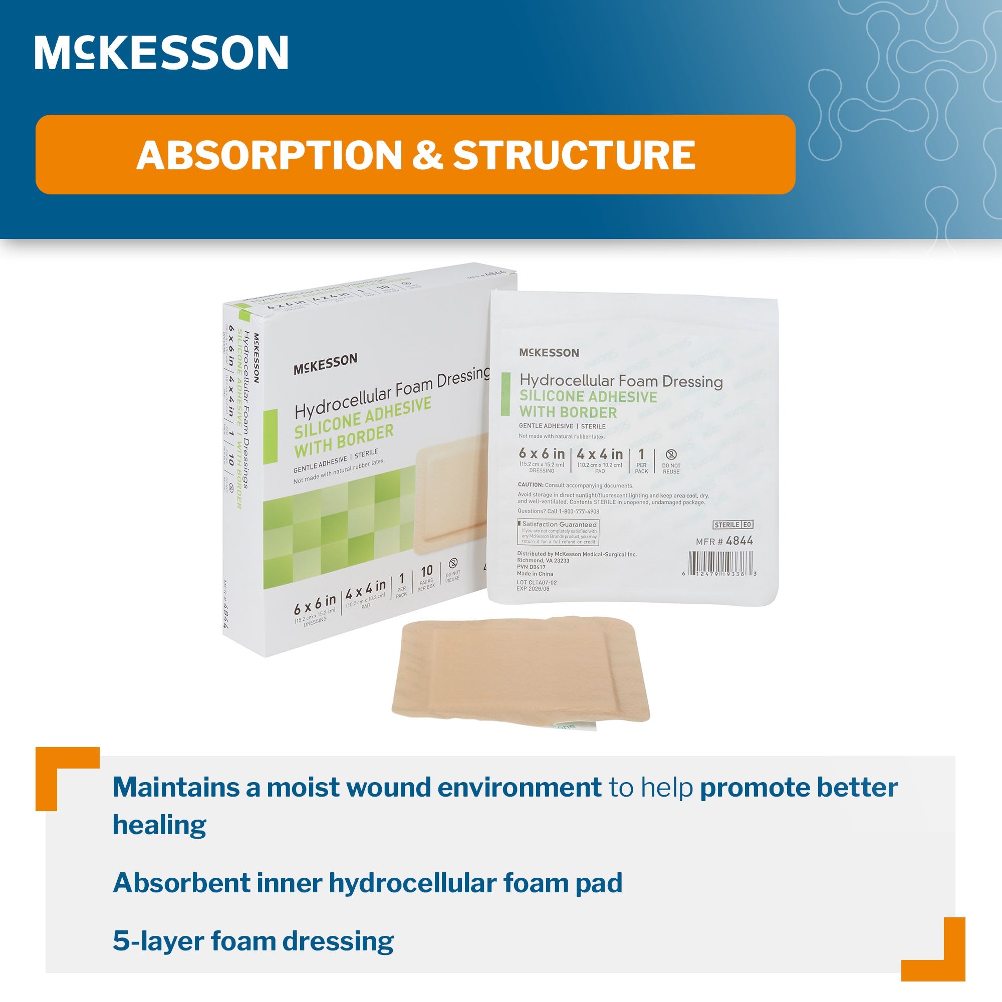 Foam Dressing McKesson 6 X 6 Inch With Border Film Backing Silicone Gel Adhesive Square Sterile,  Packaging Type- Case