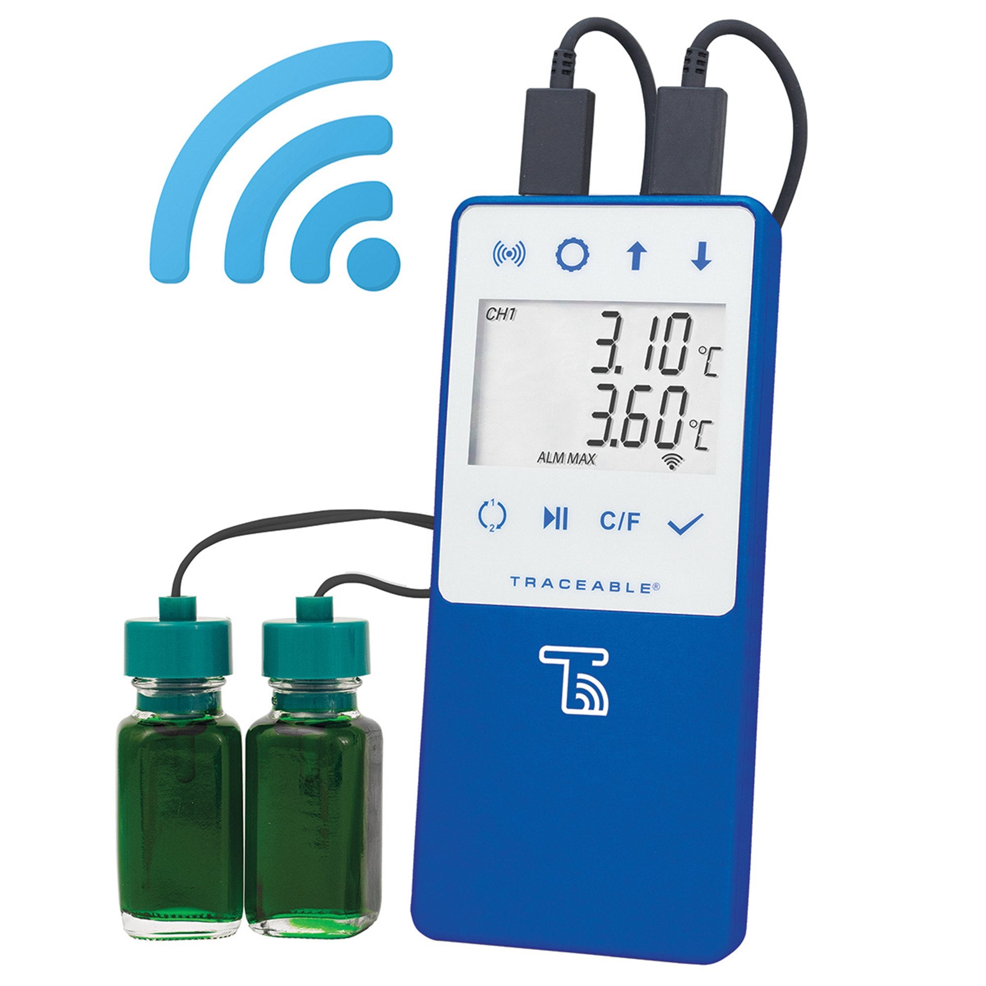 Datalogging Refrigerator / Freezer Thermometer with Alarm TraceableLIVE Fahrenheit / Celsius -58° to +140°F (-50° to +60°C) 2 Glycol Bottle Probes Multiple Mounting Options Battery Operated
