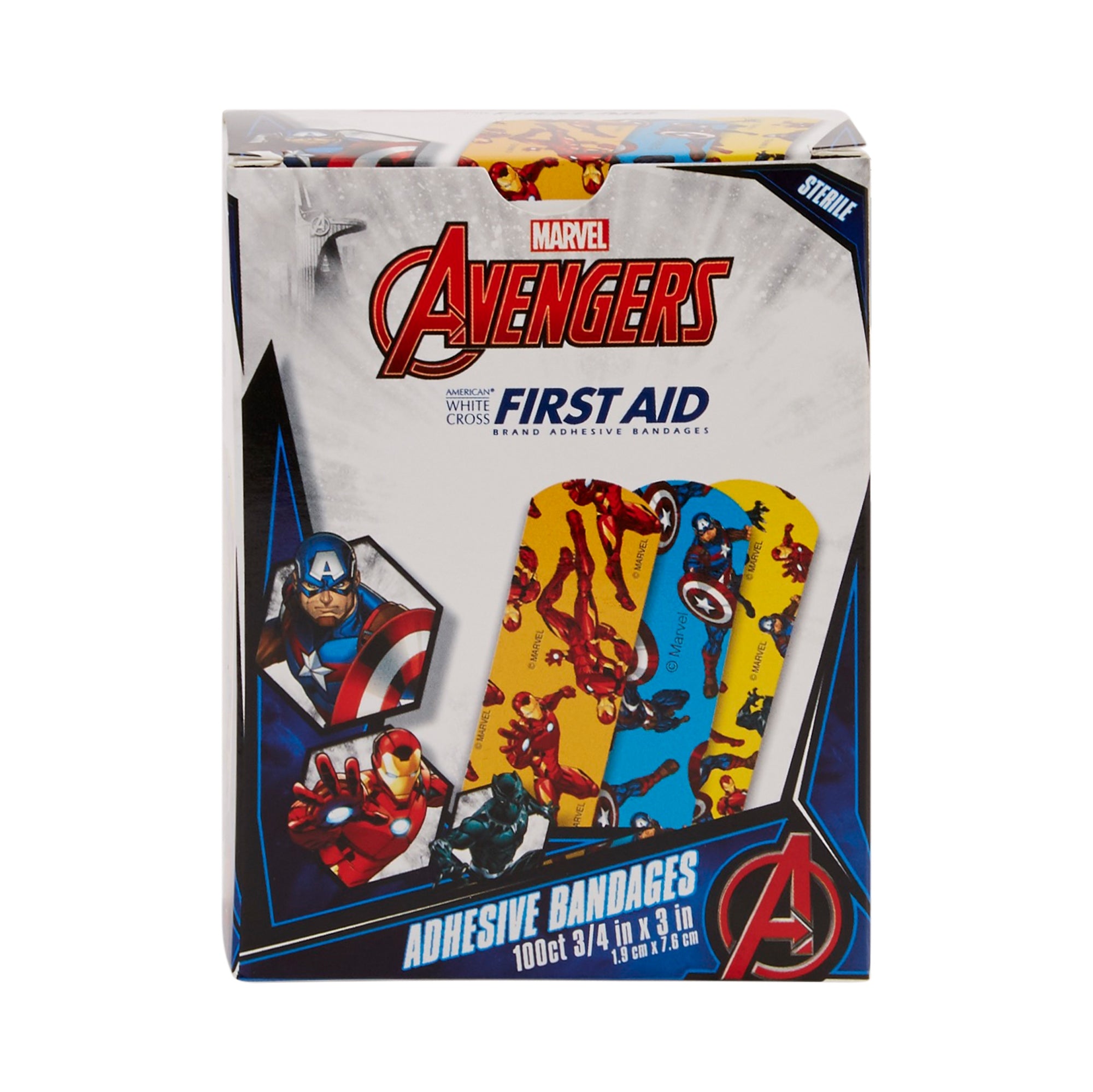 Adhesive Strip American White Cross Stat Strip 3/4 X 3 Inch Plastic Rectangle Kid Design (Black Panther / Captain America / Iron Man) Sterile, Packaging Type- Case