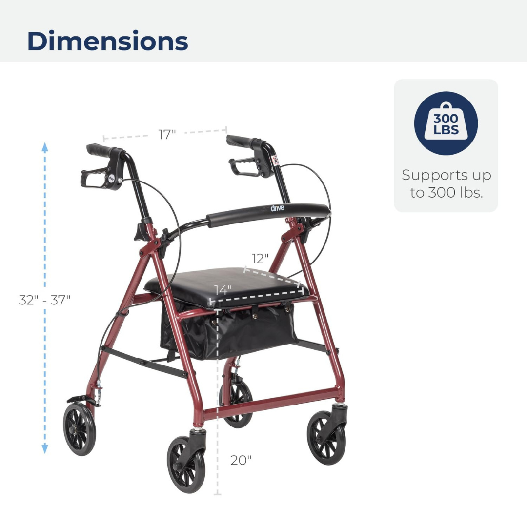 Drive Medical Aluminium Rollator For Seniors and Elders, Wheel size 6inches With Height Adjustable 13 x 12inch, Red Color , Foldable, 11038A