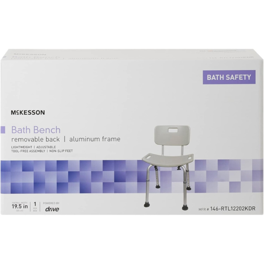 Bath Bench McKesson Without Arms Aluminum Frame Removable Backrest 19-1/4 Inch Seat Width 300 lbs. Weight Capacity, Packaging Type- Case