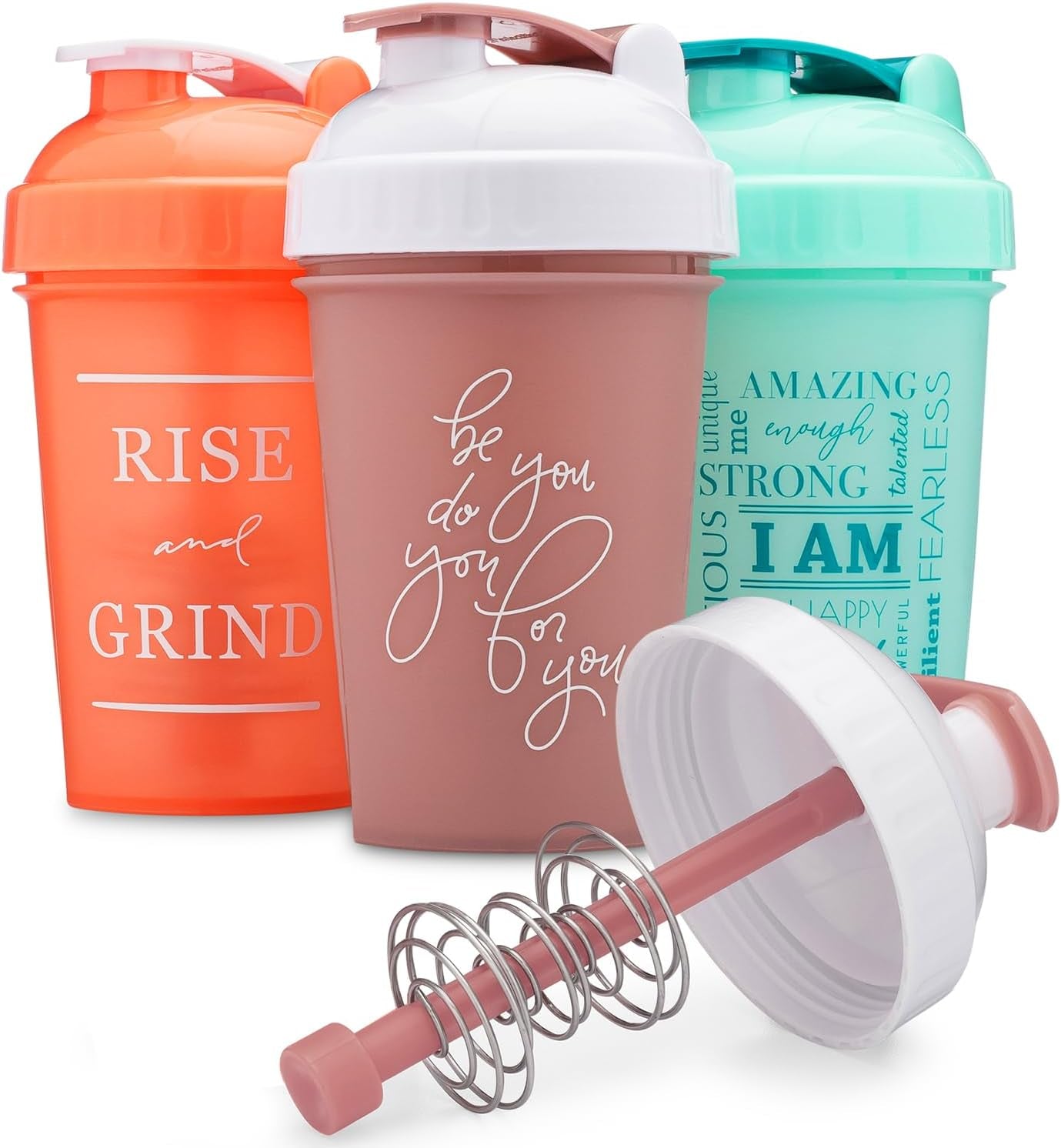 [3-Pack] 20-Ounce Shaker Bottle with Action-Rod Mixer | Protein Shaker Bottle with Motivational Quotes | Shakers for Protein Shakes Are BPA Free and Dishwasher Safe | Coral, Mint, & Rose