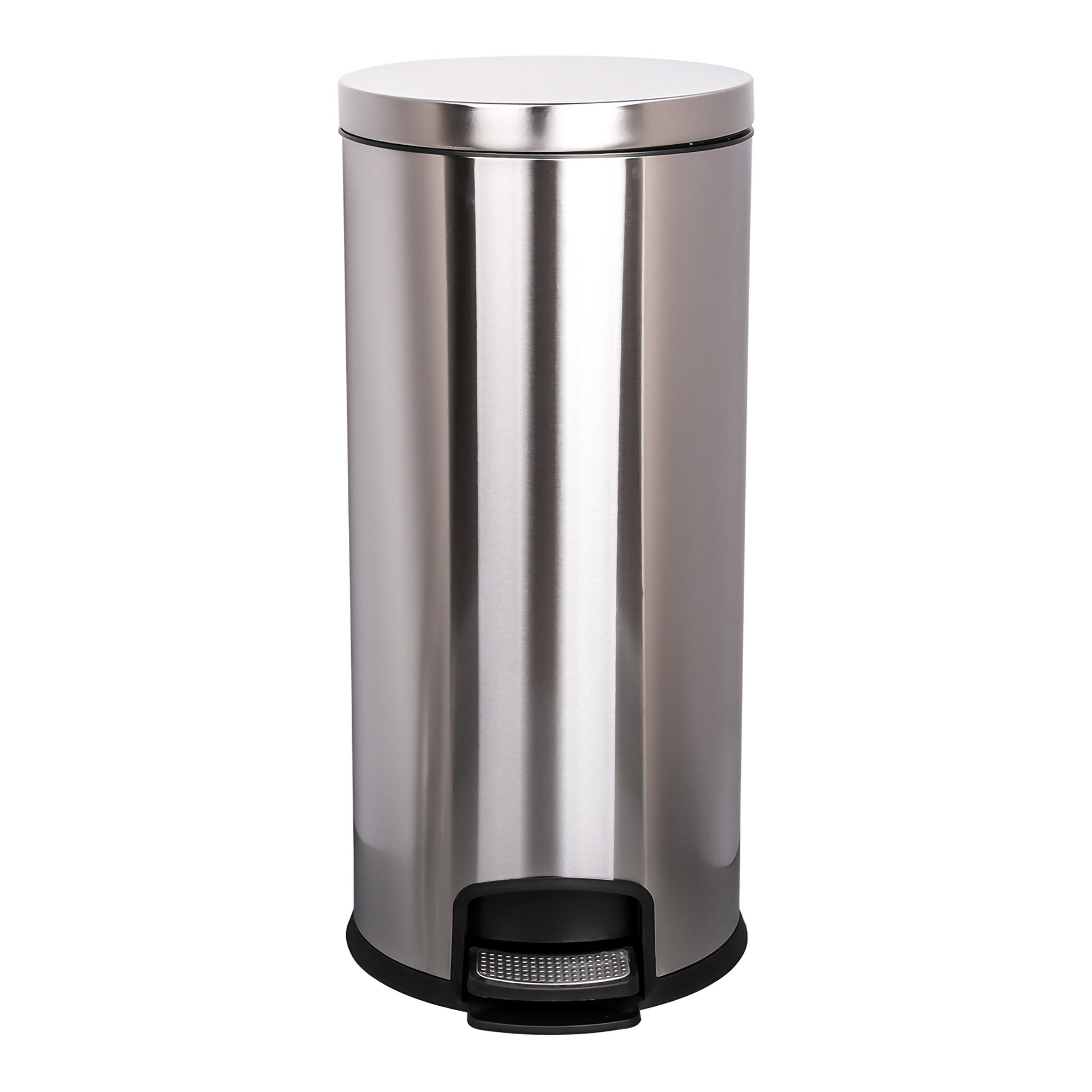silver round trash can with a lid by McKesson