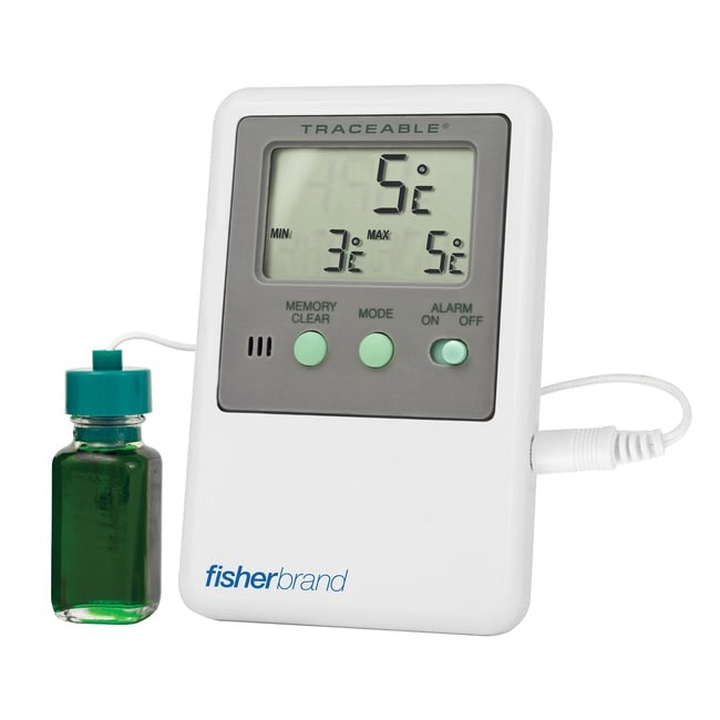 Digital Thermometer with Alarm Fisherbrand Traceable Fahrenheit / Celsius -58° to +158°F (-50° to +70°C) Short External Sensor Multiple Mounting Options Battery Operated,Packaging Type- Each