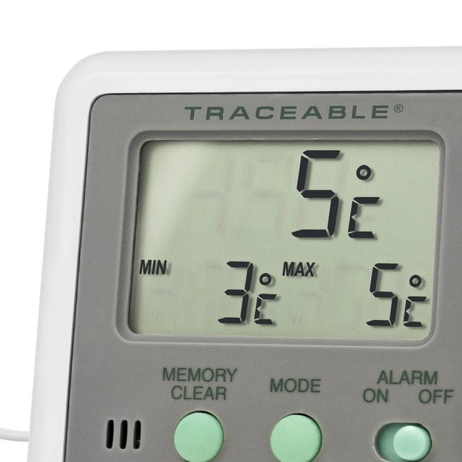 Digital Thermometer with Alarm Fisherbrand Traceable Fahrenheit / Celsius -58° to +158°F (-50° to +70°C) Short External Sensor Multiple Mounting Options Battery Operated,Packaging Type- Each