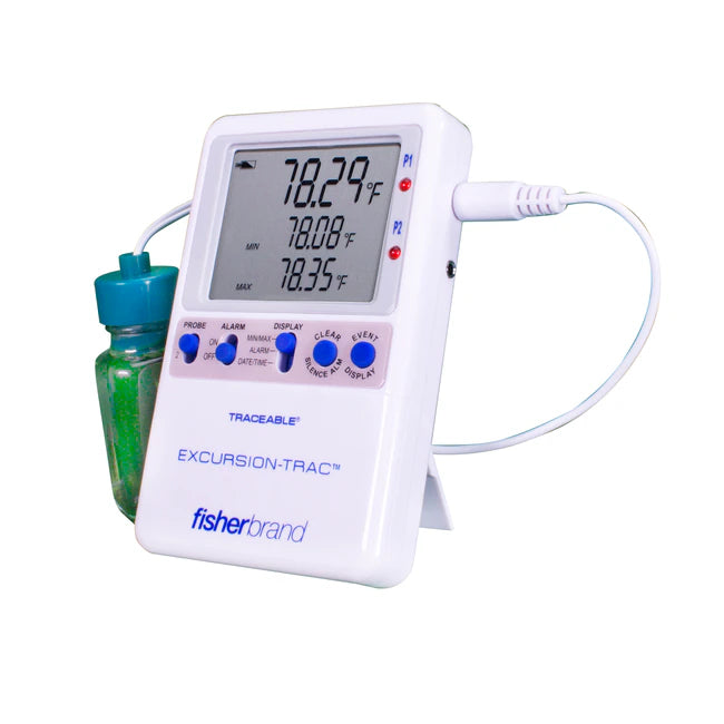 Datalogging Refrigerator / Freezer Thermometer with Alarm Fisherbrand Traceable Excursion-Trac Fahrenheit / Celsius -58° to +158°F (-50° to +70°C) Bottle Probe Multiple Mounting Options AC Adaptor / Battery Backup,Packaging Type- Each