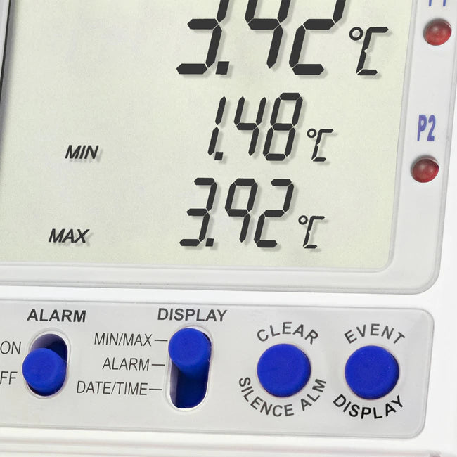Datalogging Refrigerator / Freezer Thermometer with Alarm Fisherbrand Traceable Excursion-Trac Fahrenheit / Celsius -58° to +158°F (-50° to +70°C) Bottle Probe Multiple Mounting Options AC Adaptor / Battery Backup,Packaging Type- Each