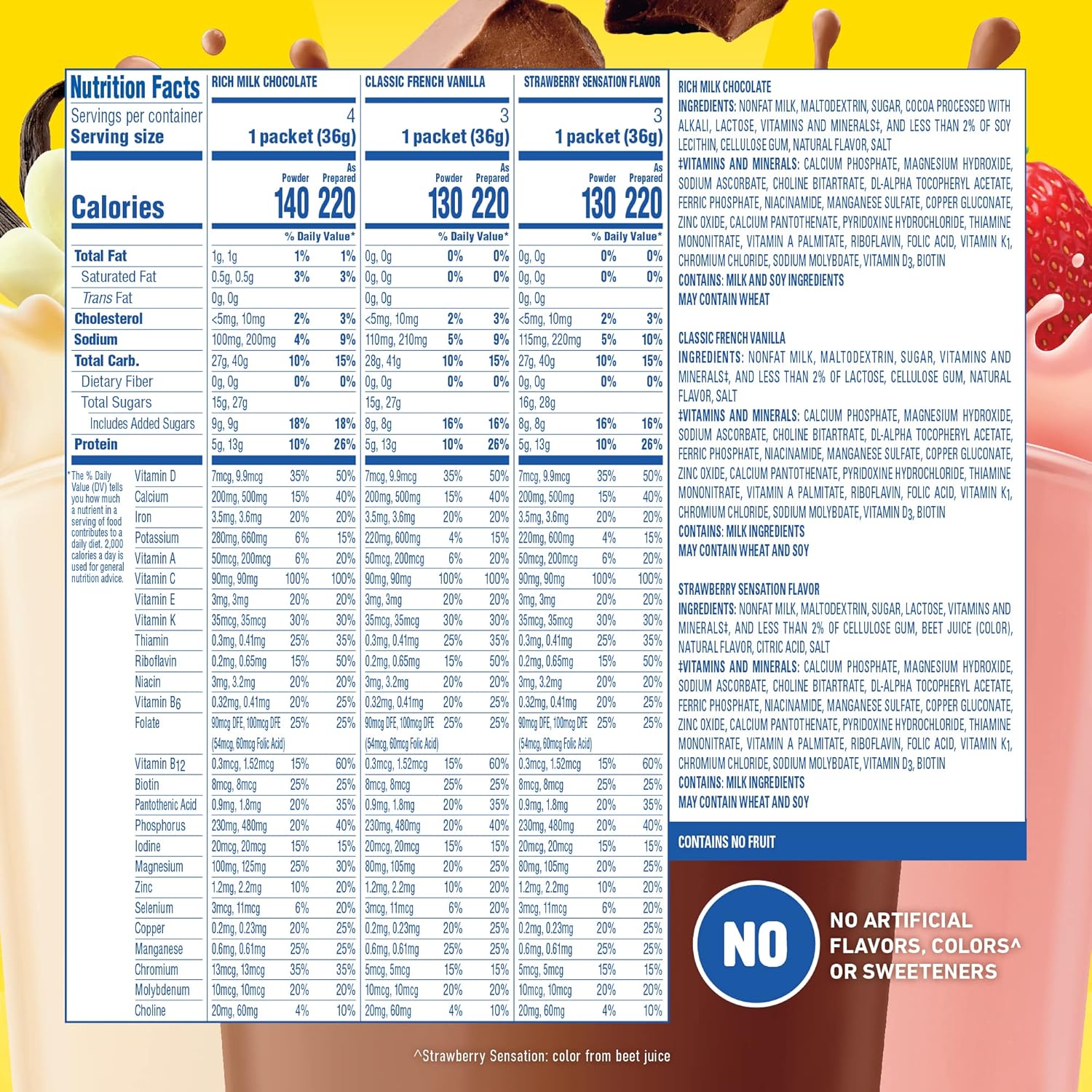 Oral Supplement Carnation Breakfast Essentials Rich Milk Chocolate / Classic French Vanilla / Strawberry Sensation Flavor Powder 1.26 oz. Individual Packet