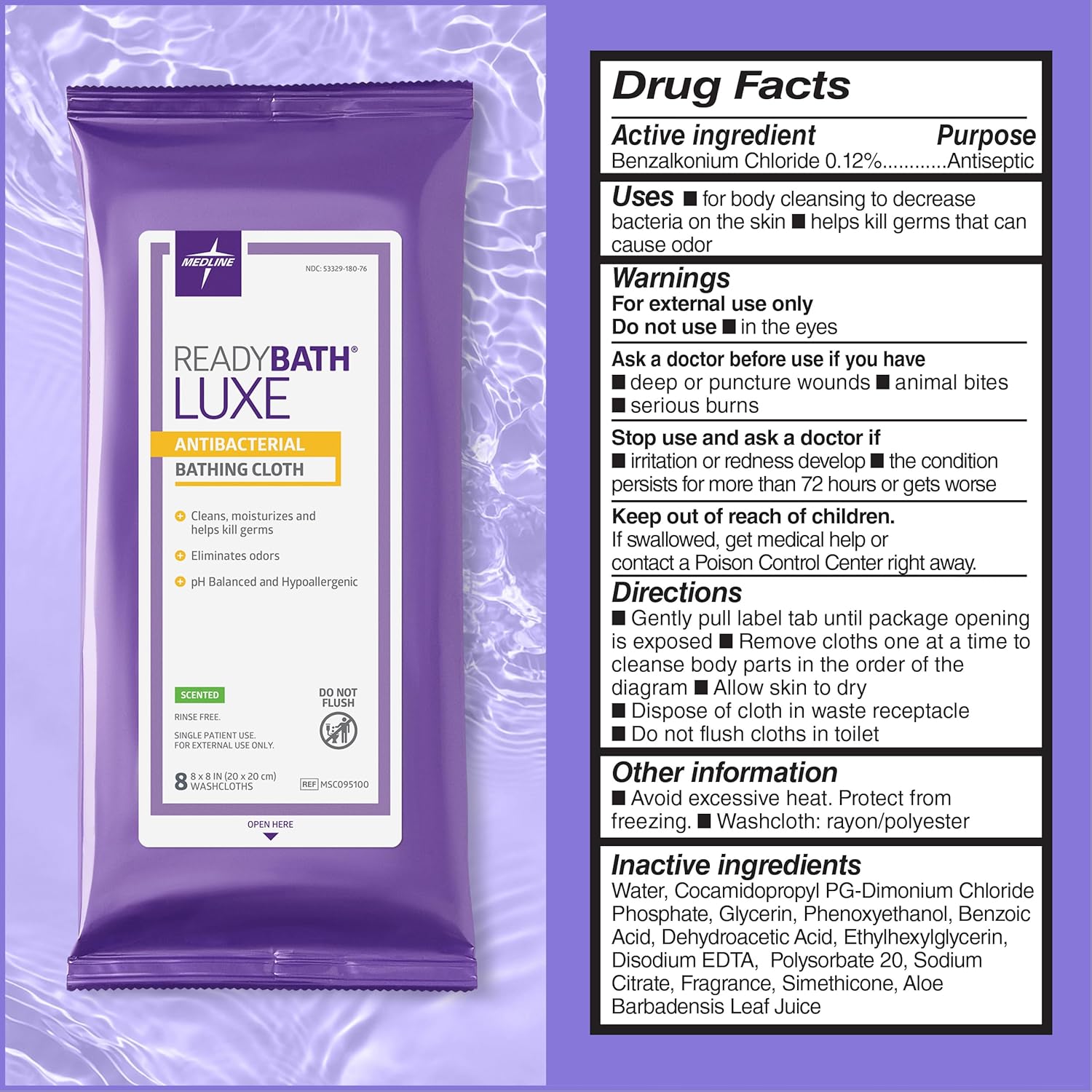 Rinse-Free Bath Wipe ReadyBath Luxe Soft Pack Scented 8 Count, Packaging Type- Case