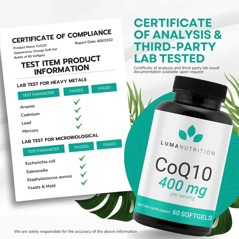 Luma Nutrition Coq10 400Mg - 3X Better Absorption, Antioxidant for Heart Health & Energy Production - Made in USA - 60 Softgels