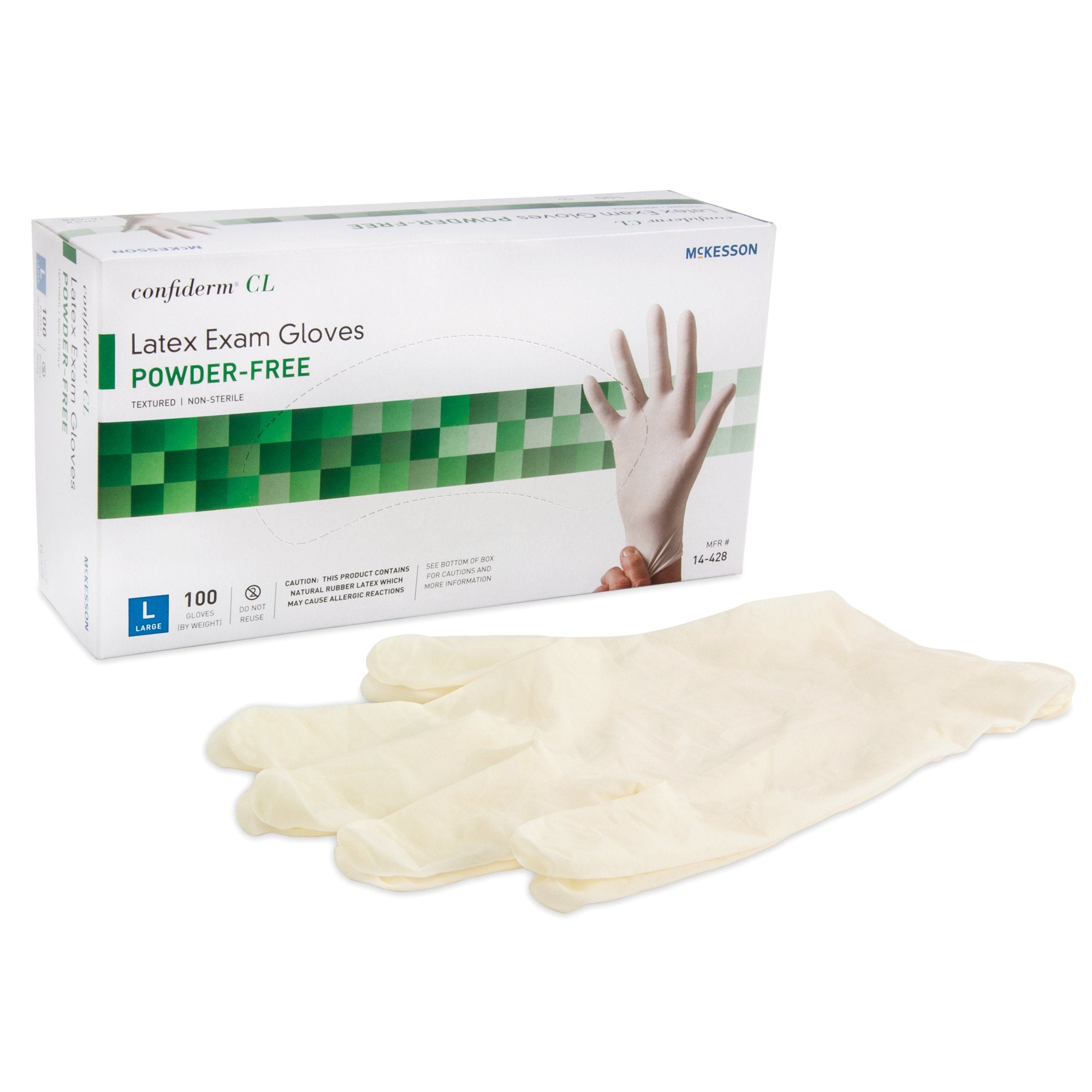 exam glove mckesson confiderm large nonsterile latex standard cuff length textured fingertips ivory not rated packaging type box