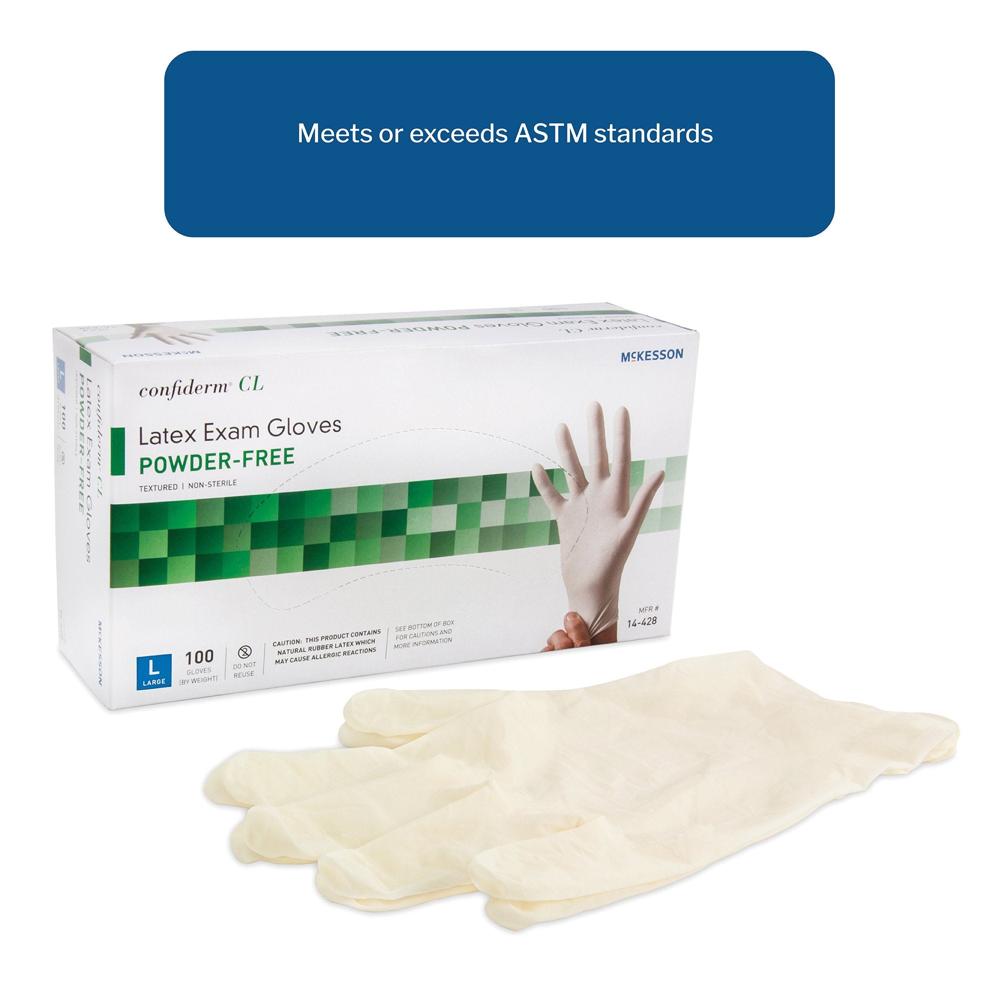 exam glove mckesson confiderm large nonsterile latex standard cuff length textured fingertips ivory not rated packaging type box