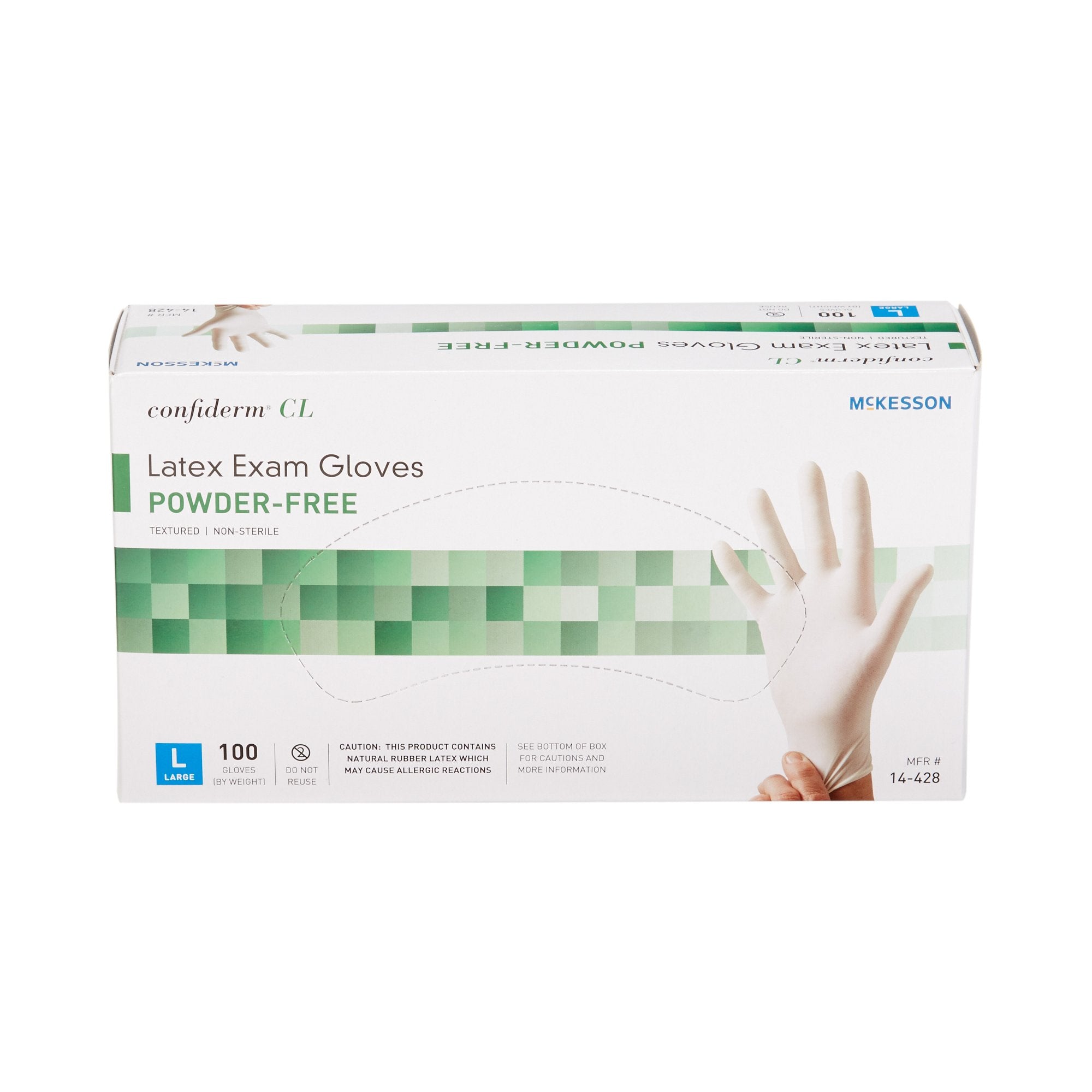 exam glove mckesson confiderm large nonsterile latex standard cuff length textured fingertips ivory not rated packaging type box