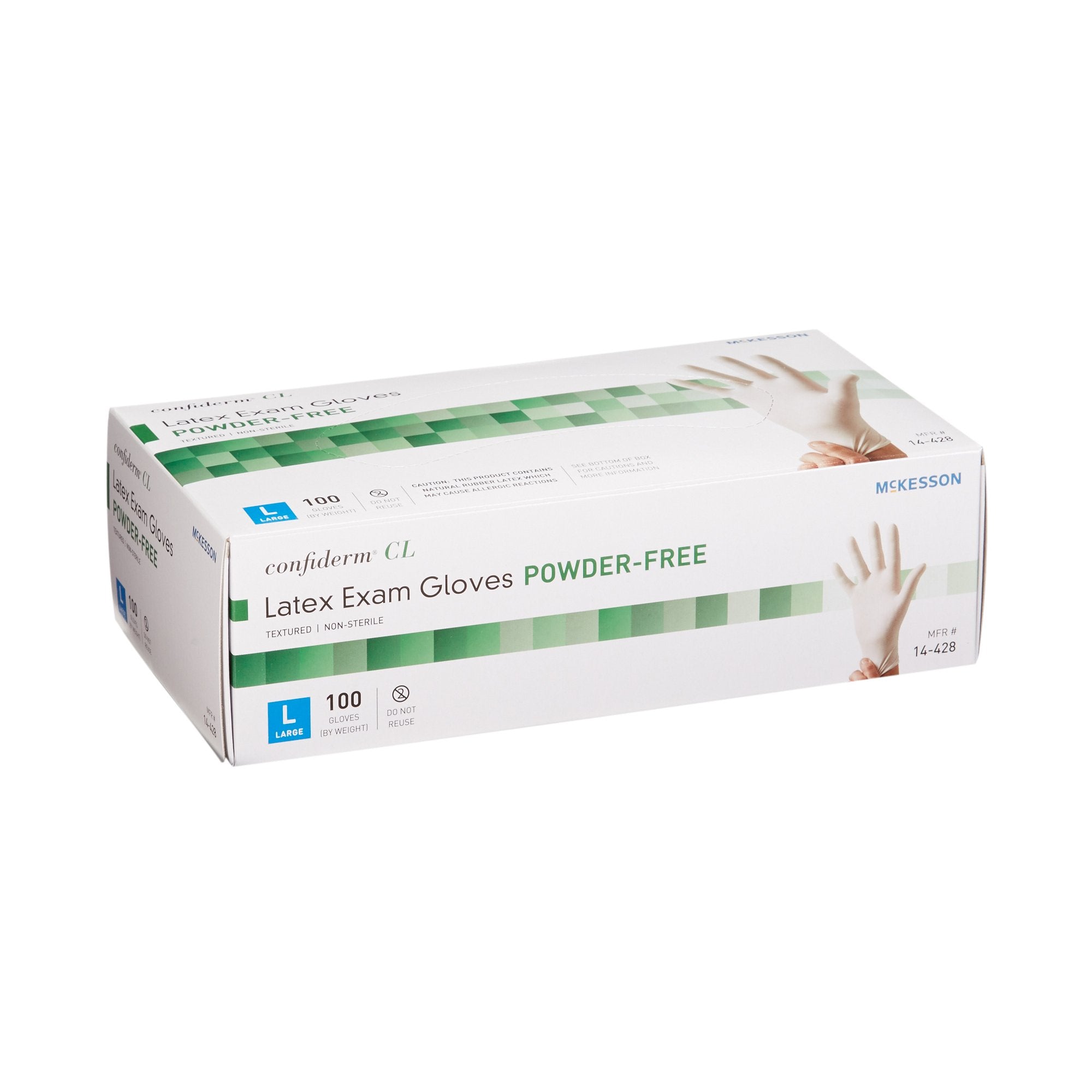 exam glove mckesson confiderm large nonsterile latex standard cuff length textured fingertips ivory not rated packaging type box