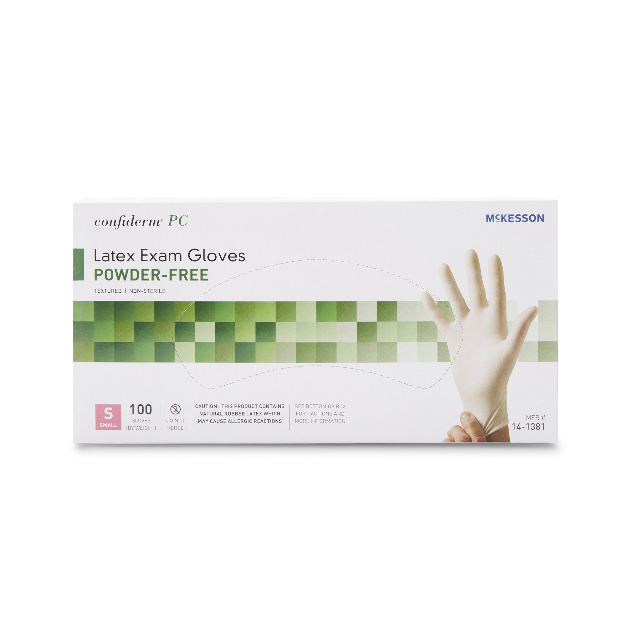 exam glove mckesson confiderm small nonsterile latex standard cuff length fully textured ivory not rated packaging type box