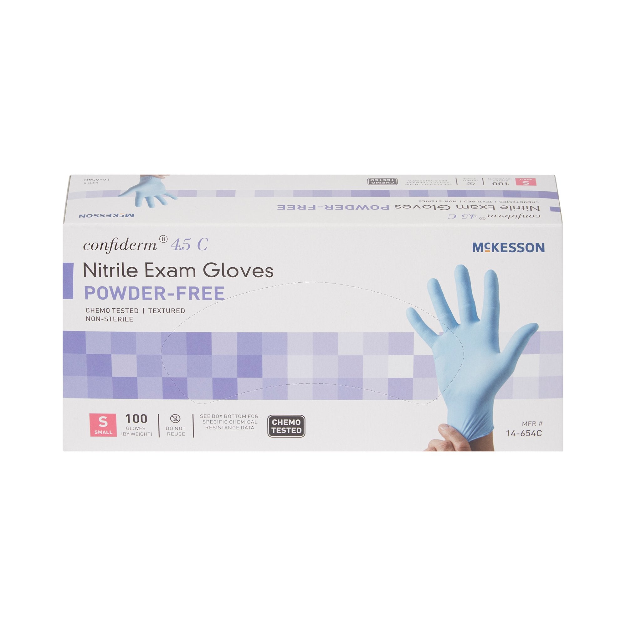 Exam Glove McKesson Confiderm 4.5C Small NonSterile Nitrile Standard Cuff Length Textured Fingertips Blue Chemo Tested,Packaging Type- Box