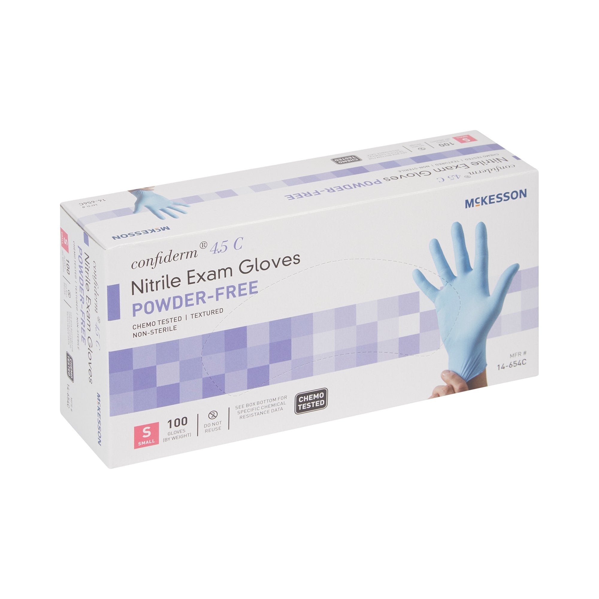 Exam Glove McKesson Confiderm 4.5C Small NonSterile Nitrile Standard Cuff Length Textured Fingertips Blue Chemo Tested,Packaging Type- Box