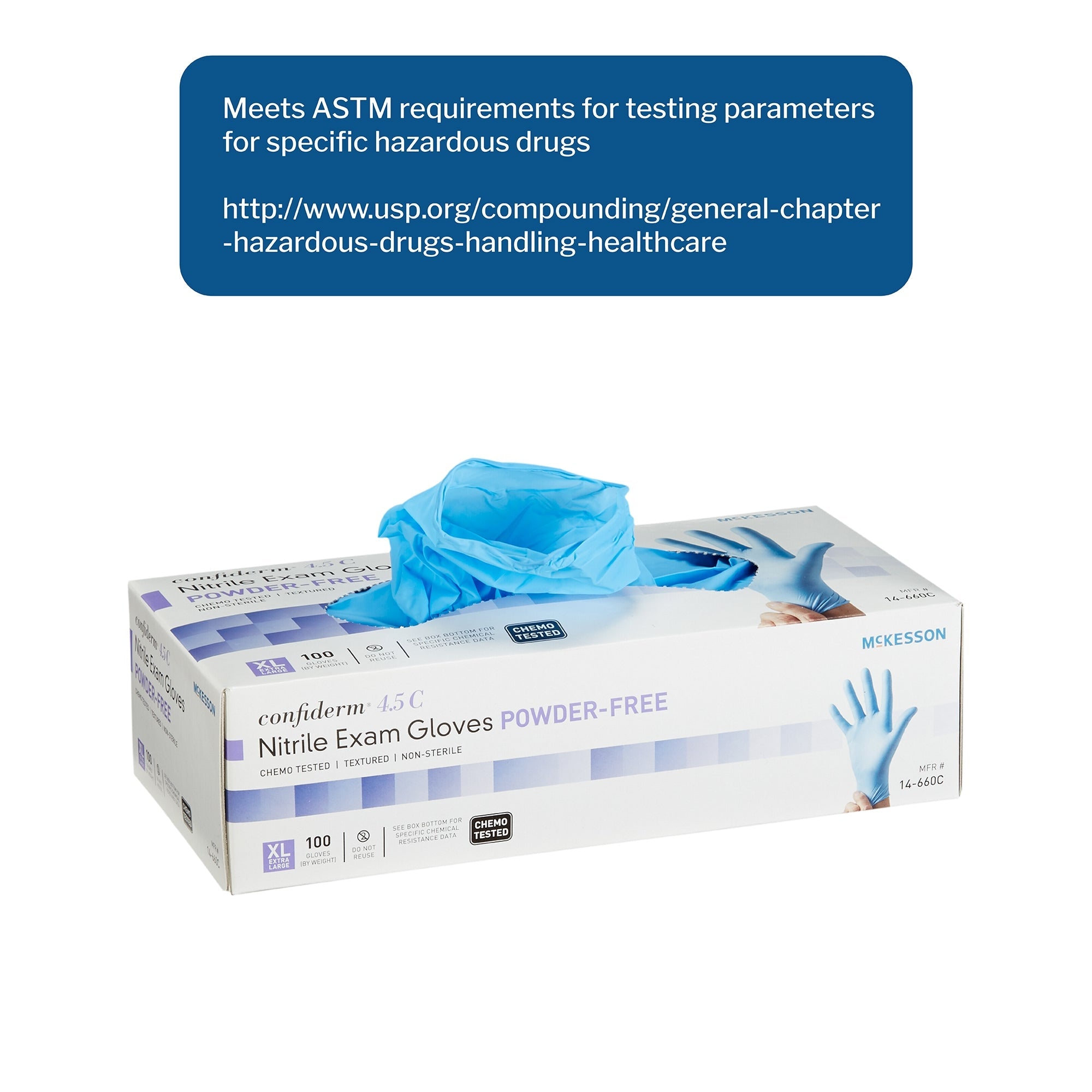 exam glove mckesson confiderm 4 5c x large nonsterile nitrile standard cuff length textured fingertips blue chemo tested packaging type box