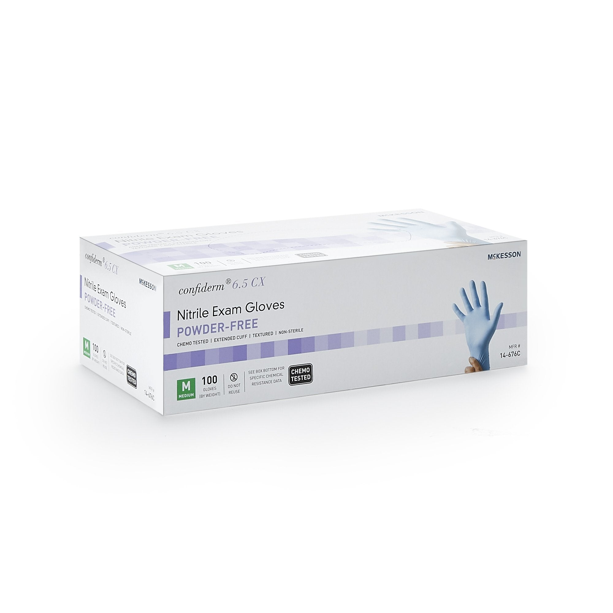 exam glove mckesson confiderm 6 5cx medium nonsterile nitrile extended cuff length textured fingertips blue chemo tested packaging type box