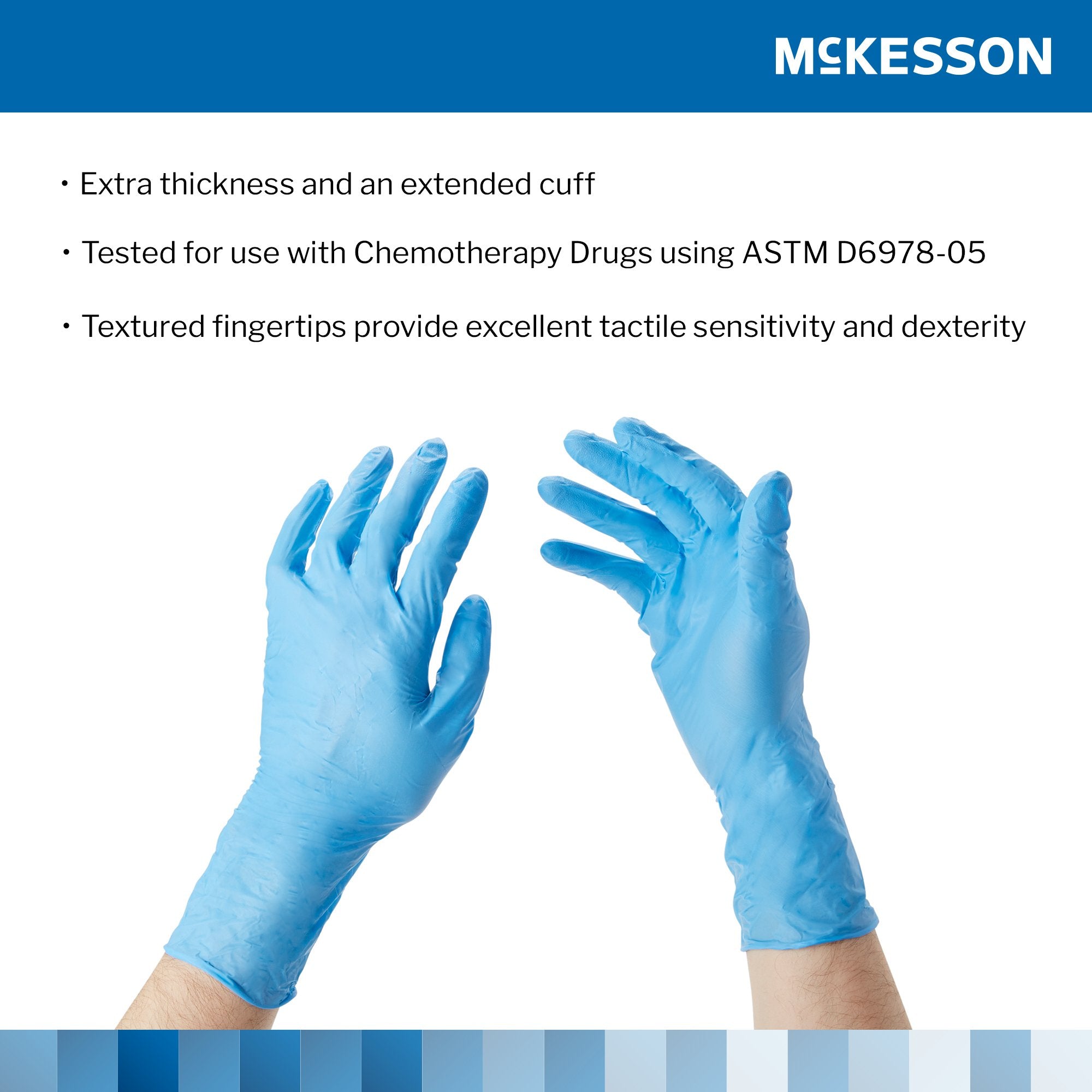 exam glove mckesson confiderm 6 5cx medium nonsterile nitrile extended cuff length textured fingertips blue chemo tested packaging type box