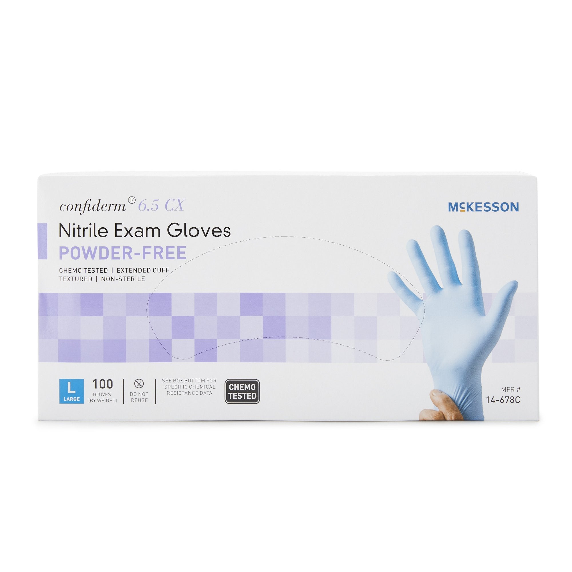 Exam Glove McKesson Confiderm 6.5CX Large NonSterile Nitrile Extended Cuff Length Textured Fingertips Blue Chemo Tested,Packaging Type- Box