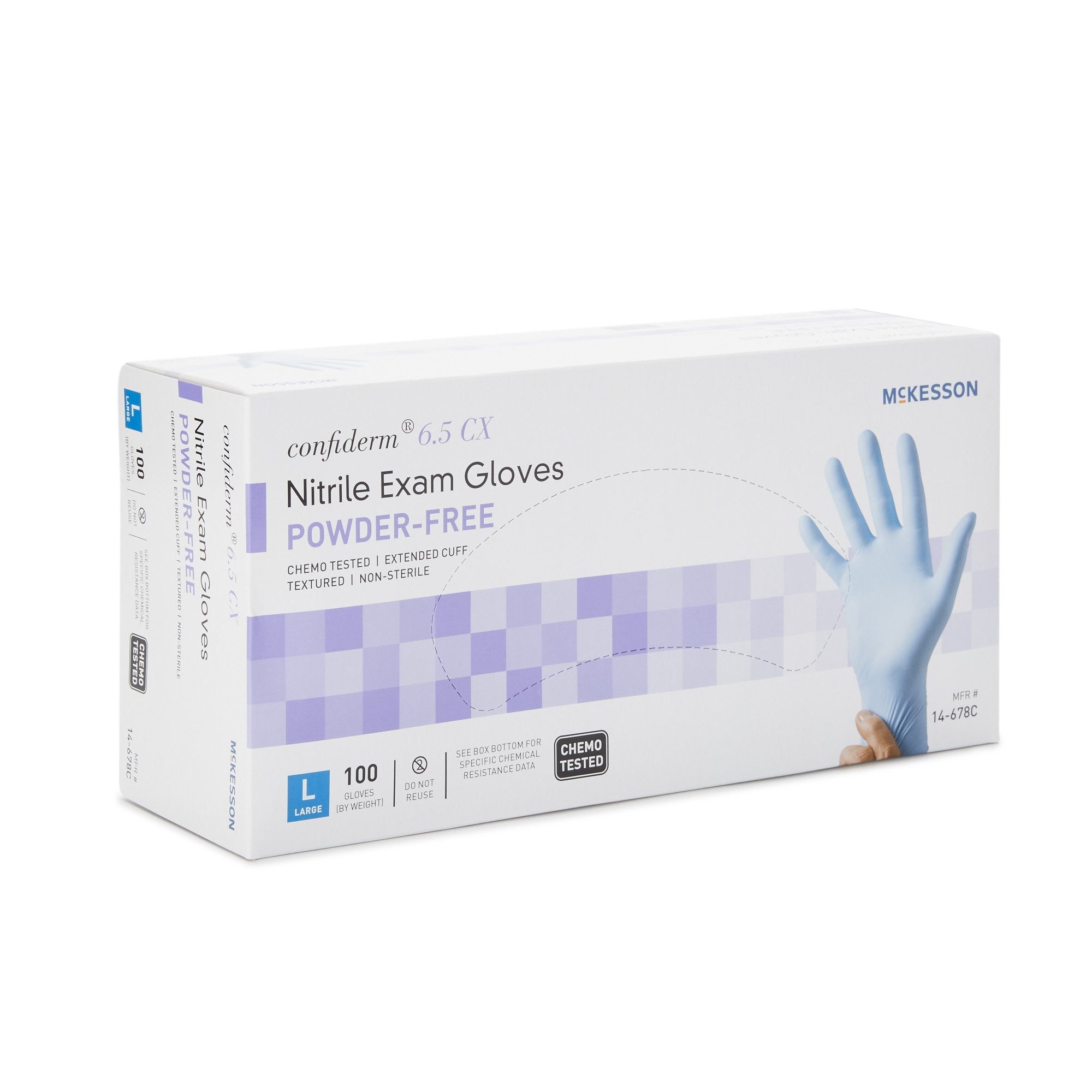Exam Glove McKesson Confiderm 6.5CX Large NonSterile Nitrile Extended Cuff Length Textured Fingertips Blue Chemo Tested,Packaging Type- Box