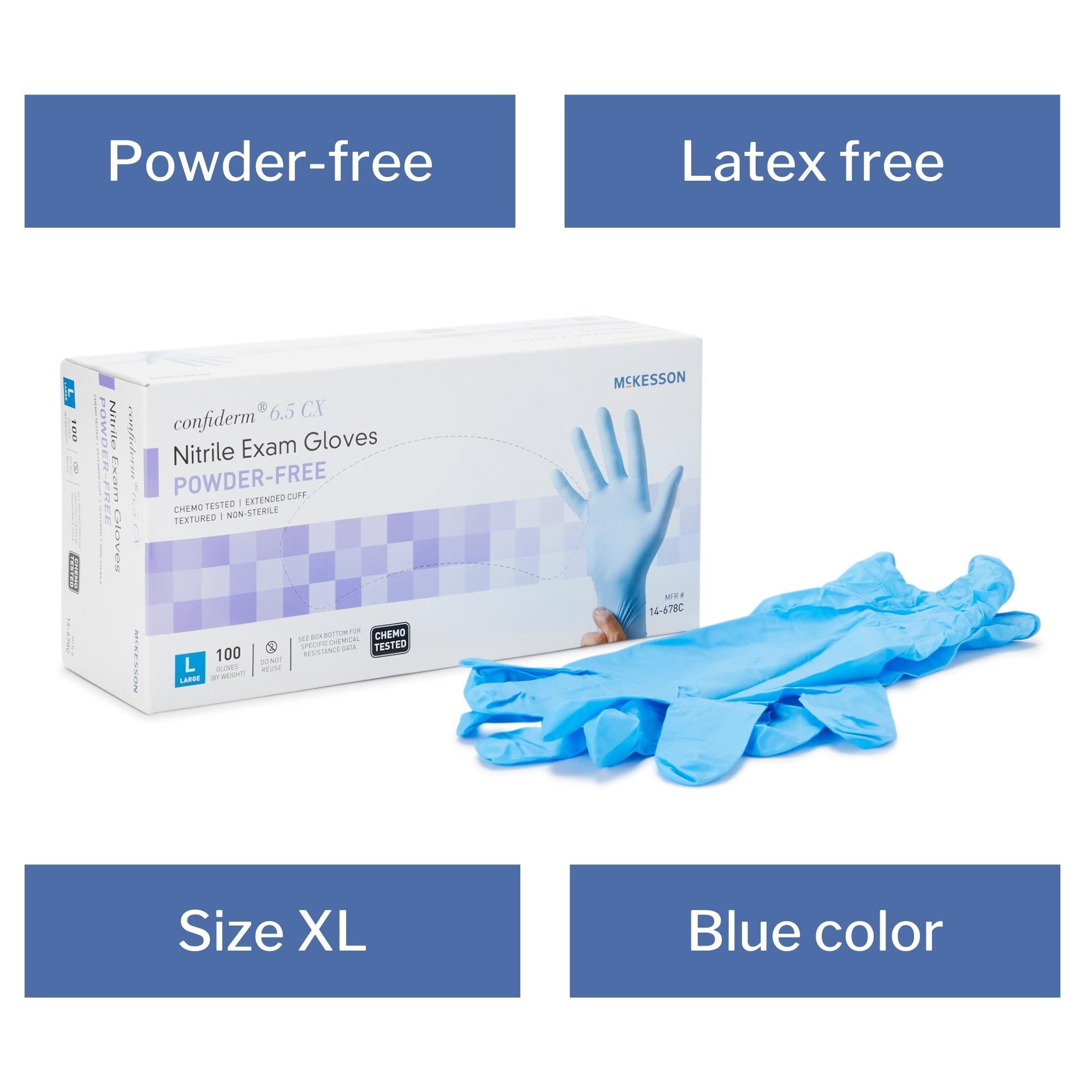exam glove mckesson confiderm 6 5cx x large nonsterile nitrile extended cuff length textured fingertips blue chemo tested packaging type box