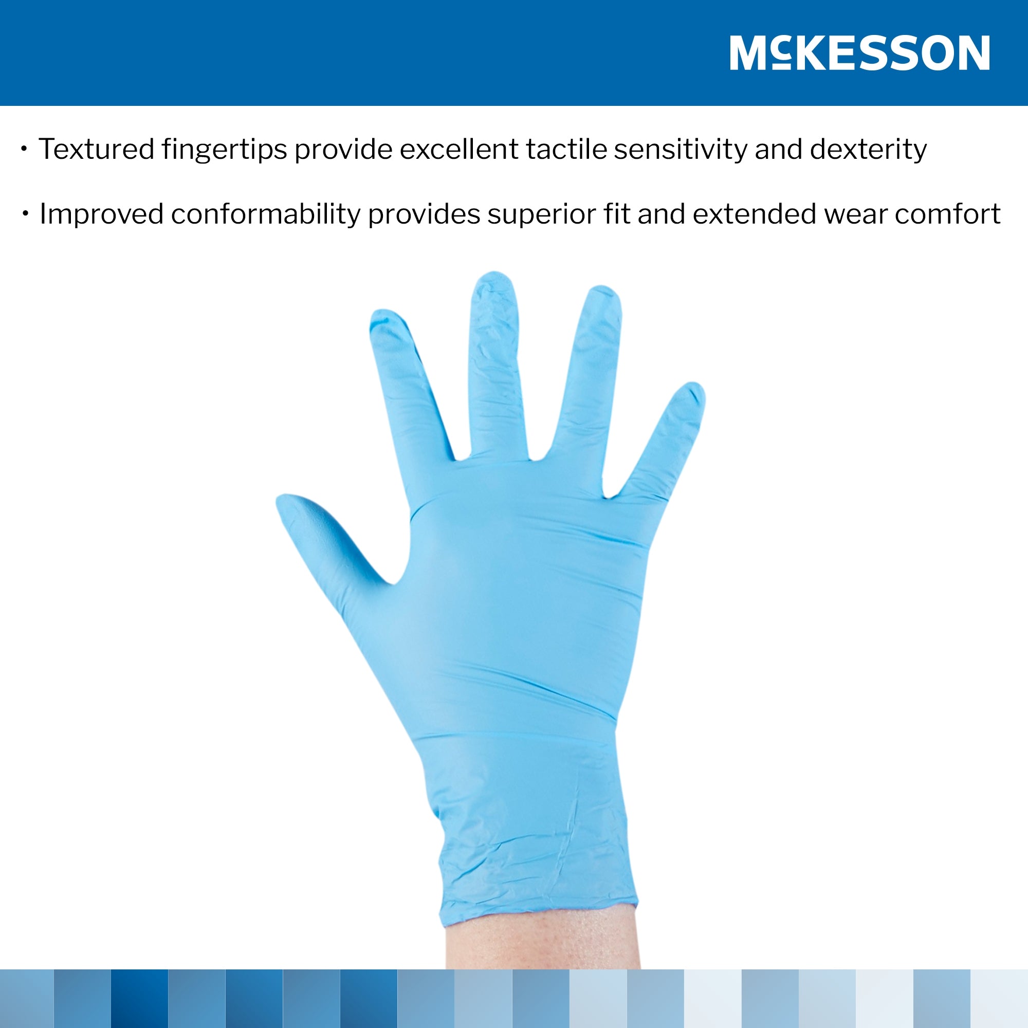 Exam Glove McKesson Confiderm 3.8 Medium NonSterile Nitrile Standard Cuff Length Textured Fingertips Blue Not Rated | 10Box/Case