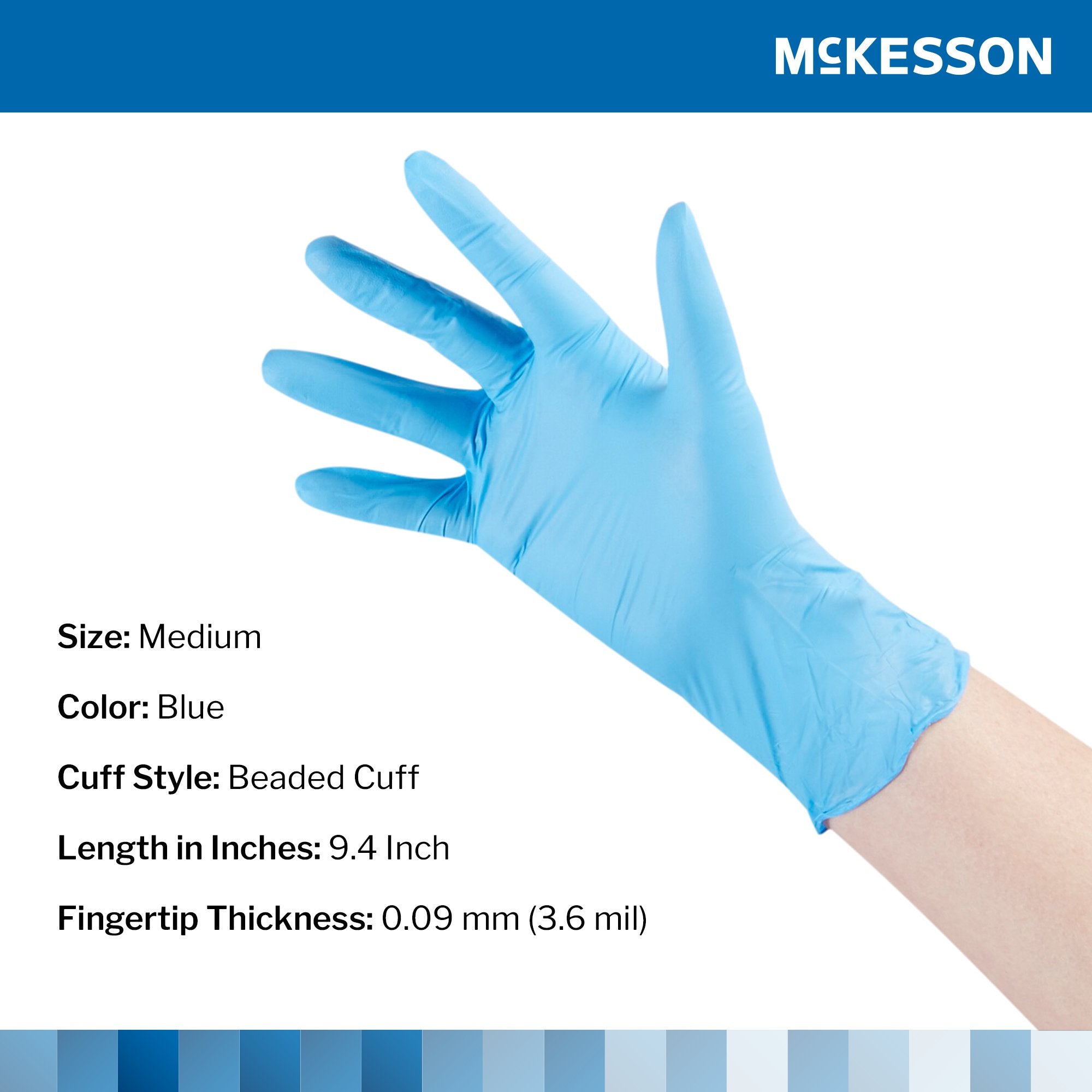 Exam Glove McKesson Confiderm 3.8 Medium NonSterile Nitrile Standard Cuff Length Textured Fingertips Blue Not Rated,Packaging Type- Box