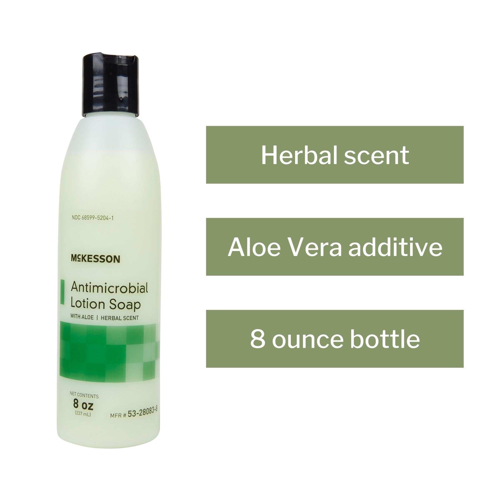 Jabón antimicrobiano McKesson Loción, botella de 237 ml (8 oz), aroma herbal. Tipo de empaque: caja.