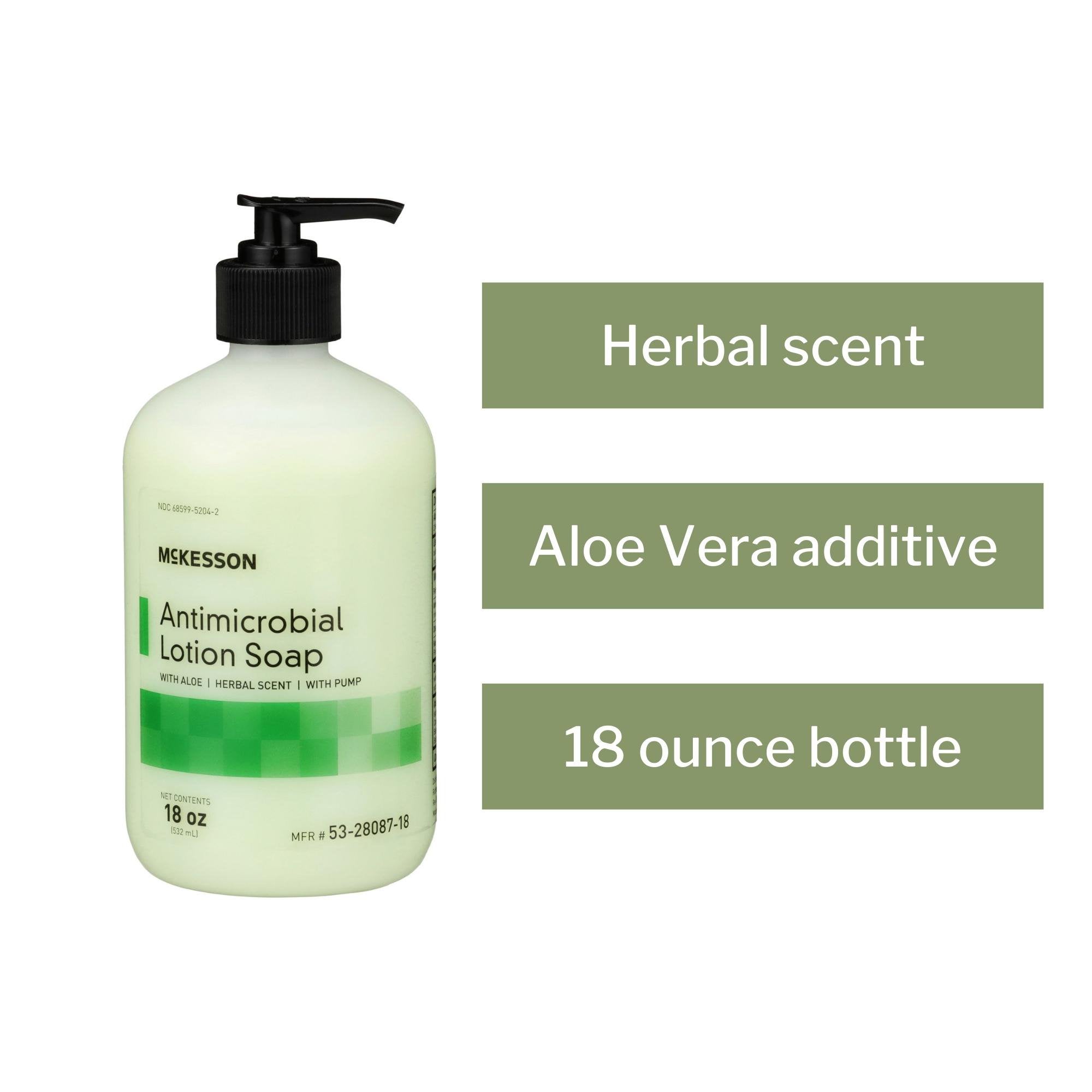 Jabón antimicrobiano McKesson Loción, 18 oz., botella con dosificador, aroma herbal. Tipo de empaque: caja.