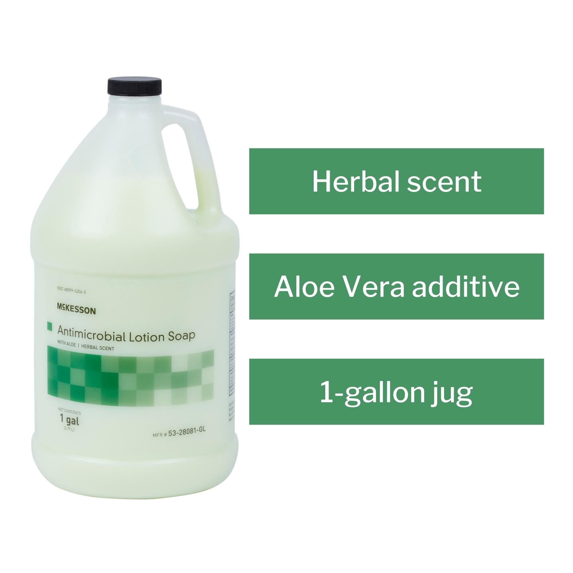 Jabón antimicrobiano McKesson Loción, garrafa de 1 galón, aroma herbal. Envase: caja.