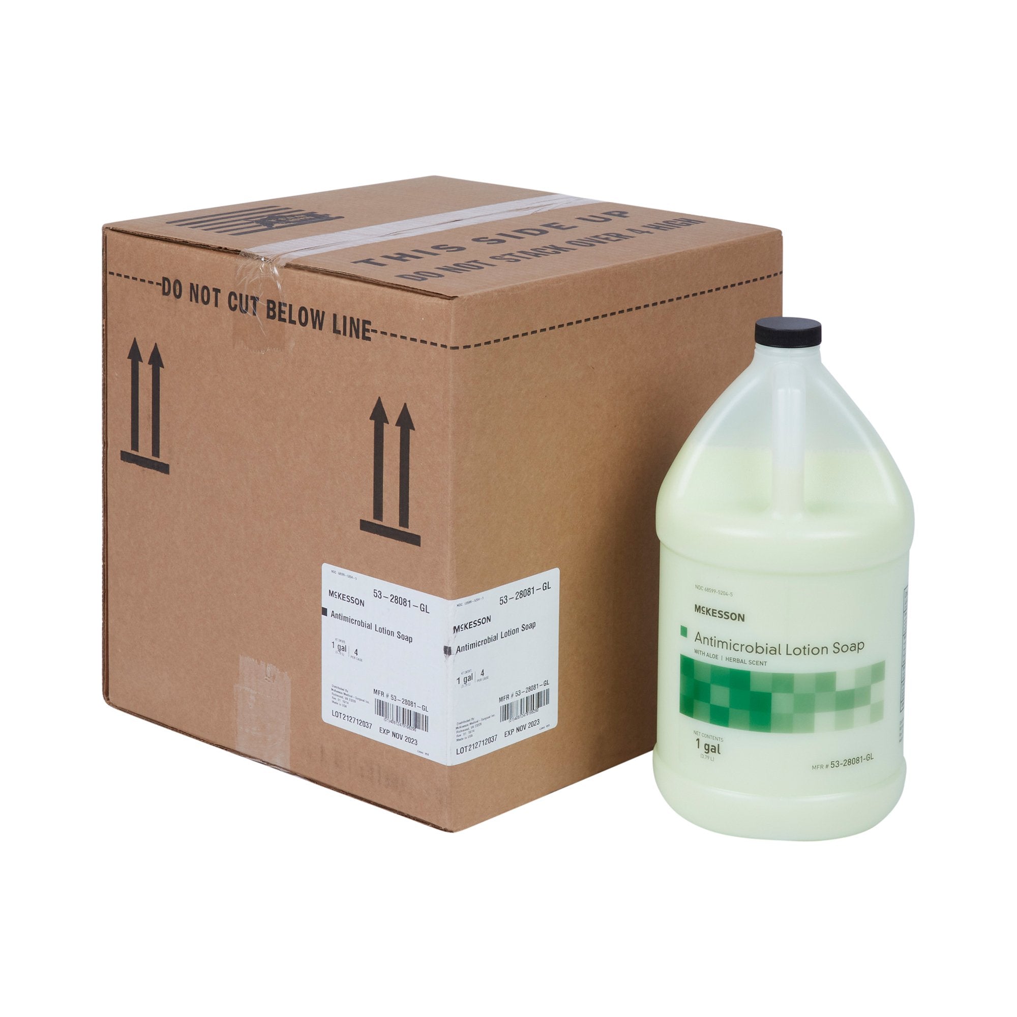 Jabón antimicrobiano McKesson Loción, 1 galón, aroma herbal, envase individual.